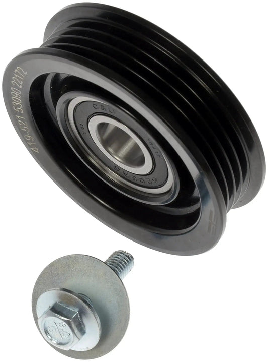 Accessory Drive Belt Idler Pulley for Ford Cars and Trucks Direct Replacement That Stops Squealing or Groaning and Keeps Drive Belt Tension On Point OE Quality Fit Application Specific for Select Ford Models, black pulley with metal bearing and bolt, front view.