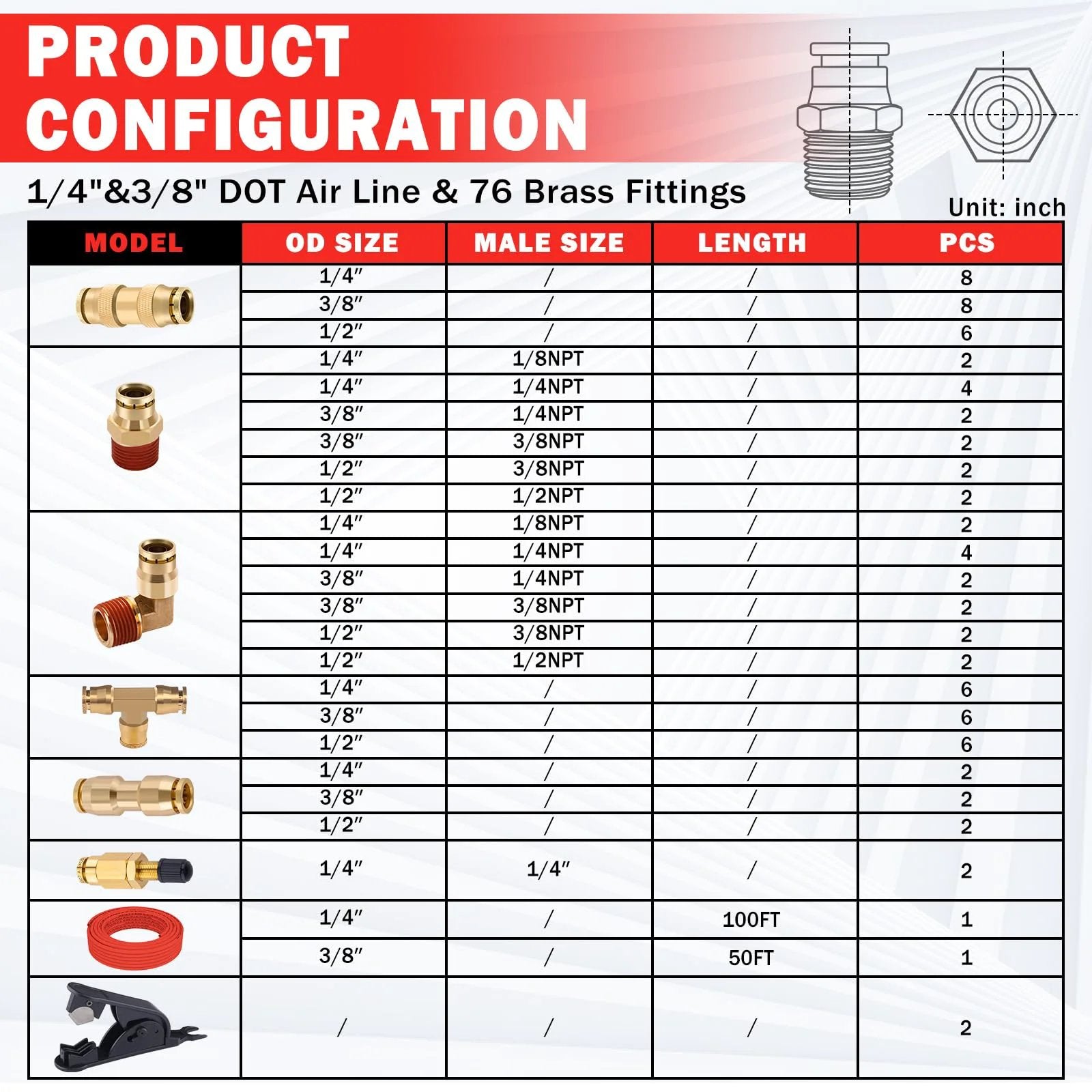 Chart displaying Brass DOT Air Line Fittings Kit With 100 Feet Of One Quarter Inch Red DOT Air Line Hose And 50 Feet Of Three Eighths Inch Red DOT Air Line Hose All In One Push Lock Quick Connect Set With Pneumatic Tubing And Schrader Valves And Tube Cutters.