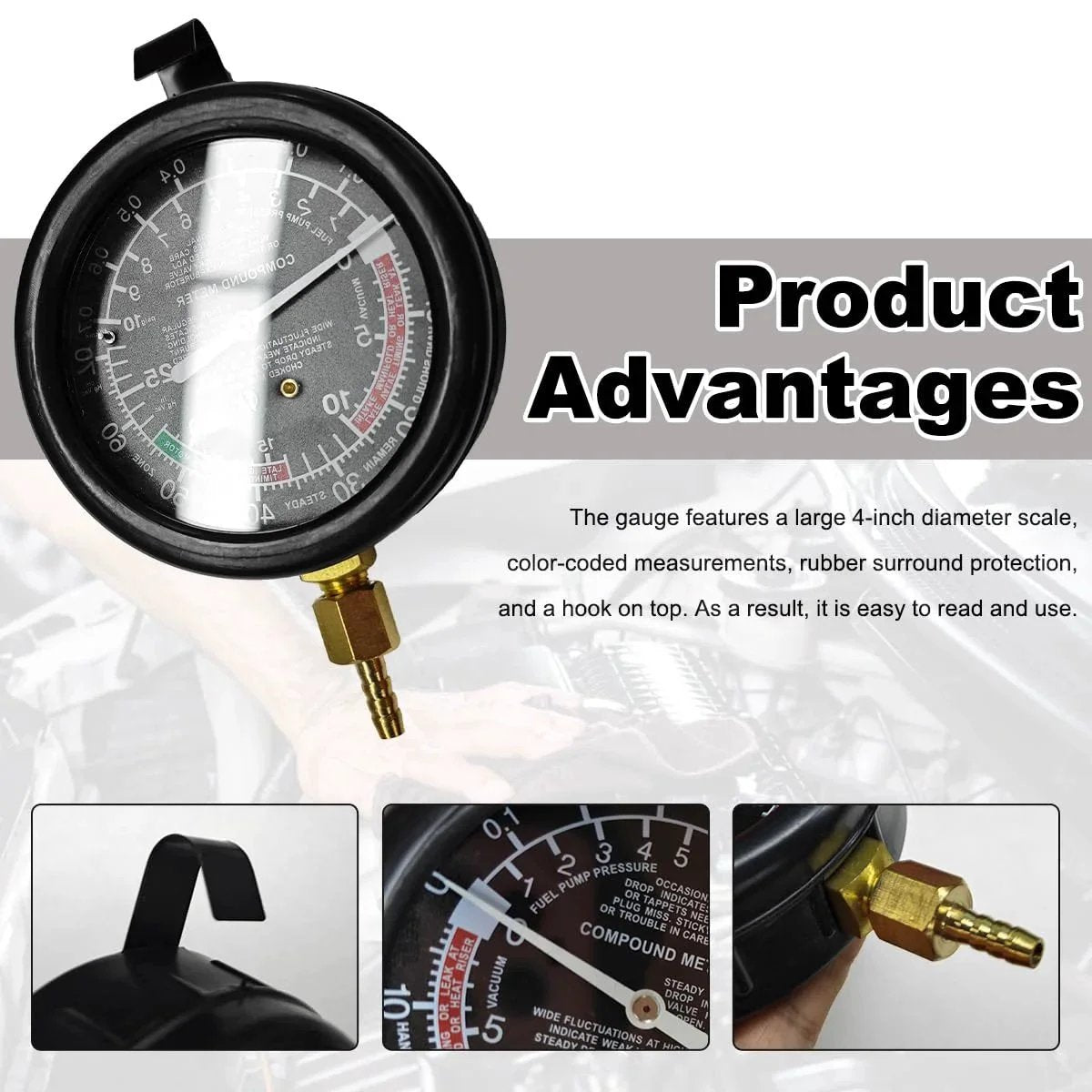 Close-up of DIY Friendly Fuel Pressure Tester Kit With Vacuum Gauge For Cars And Trucks showing dial and specifications.