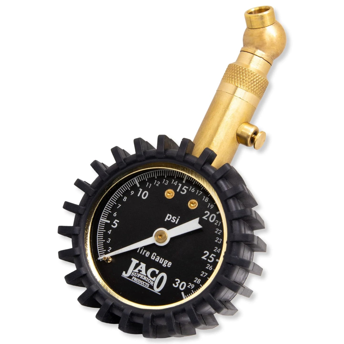 Low Pressure Tire Gauge For ATVs UTVs Dirt Bikes And Off Road Vehicles ANSI Accurate To 1.5 Percent No Battery Needed Built Tough With A Solid Feel Delivers Precise 30 PSI Readings For Tractors And Other Off Road Machines, showing brass and rubber construction with 30 PSI dial facing forward.