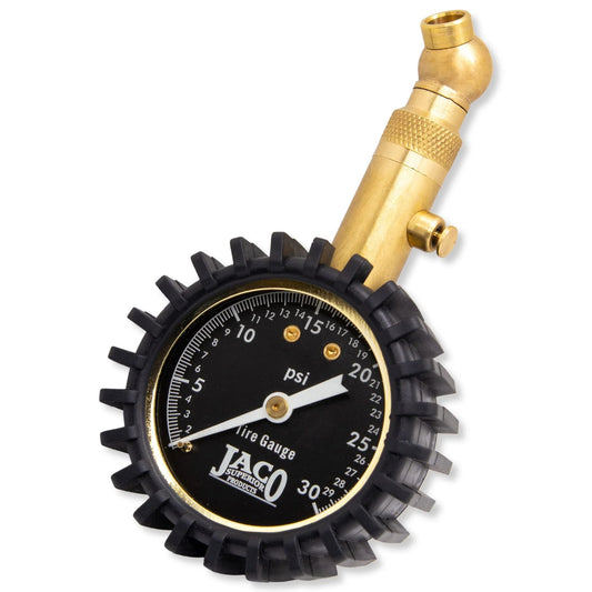 Low Pressure Tire Gauge For ATVs UTVs Dirt Bikes And Off Road Vehicles ANSI Accurate To 1.5 Percent No Battery Needed Built Tough With A Solid Feel Delivers Precise 30 PSI Readings For Tractors And Other Off Road Machines, showing brass and rubber construction with 30 PSI dial facing forward.
