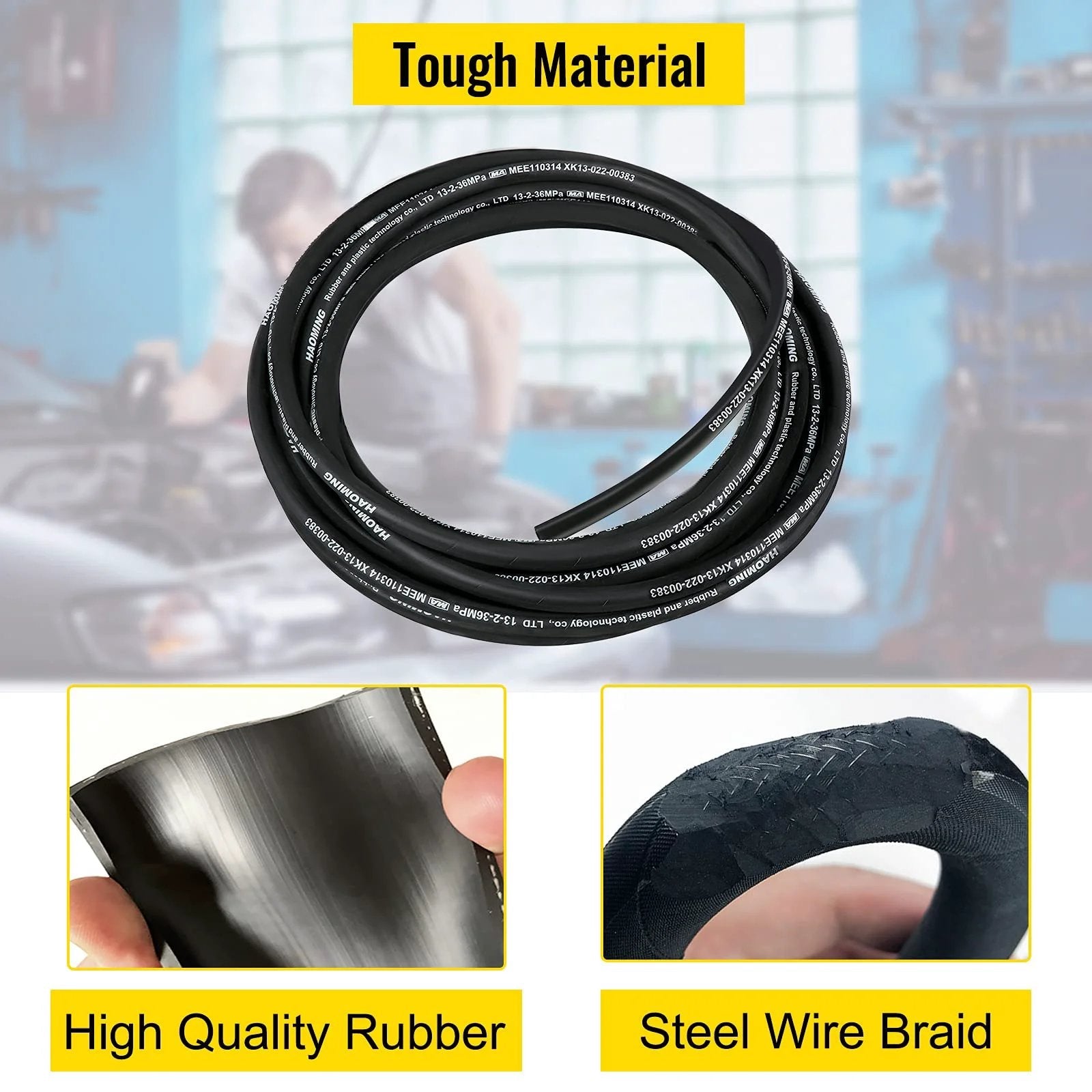 Heavy Duty 50 Feet Hydraulic Hose With Two High Tensile Steel Wire Braids Half Inch Inner Diameter 5000 PSI Max showing material