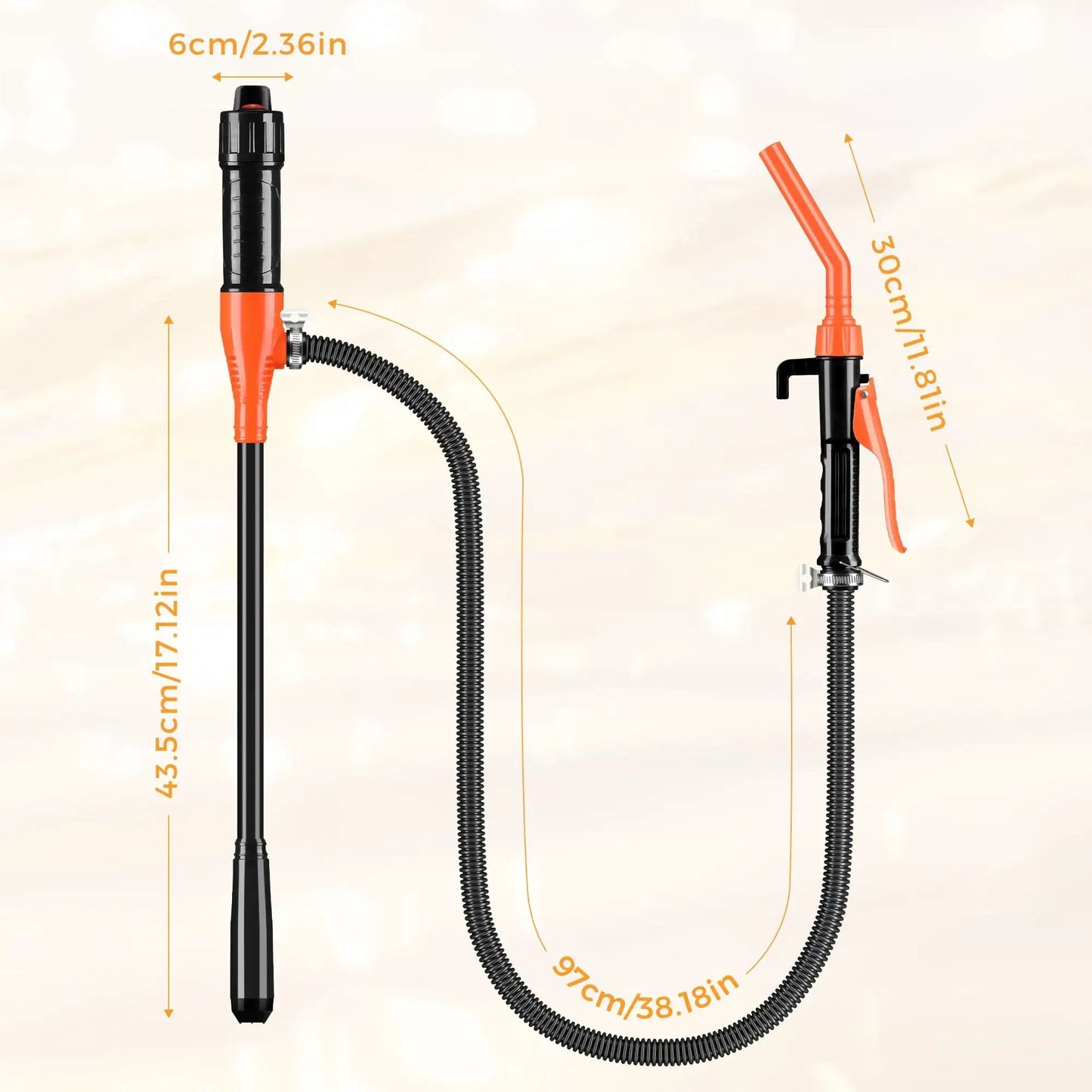 Portable Electric Fuel Transfer Pump 3 GPM Battery Powered Siphon for Oil and Fluids with Adjustable Flow Control Nozzle Orange, side view.