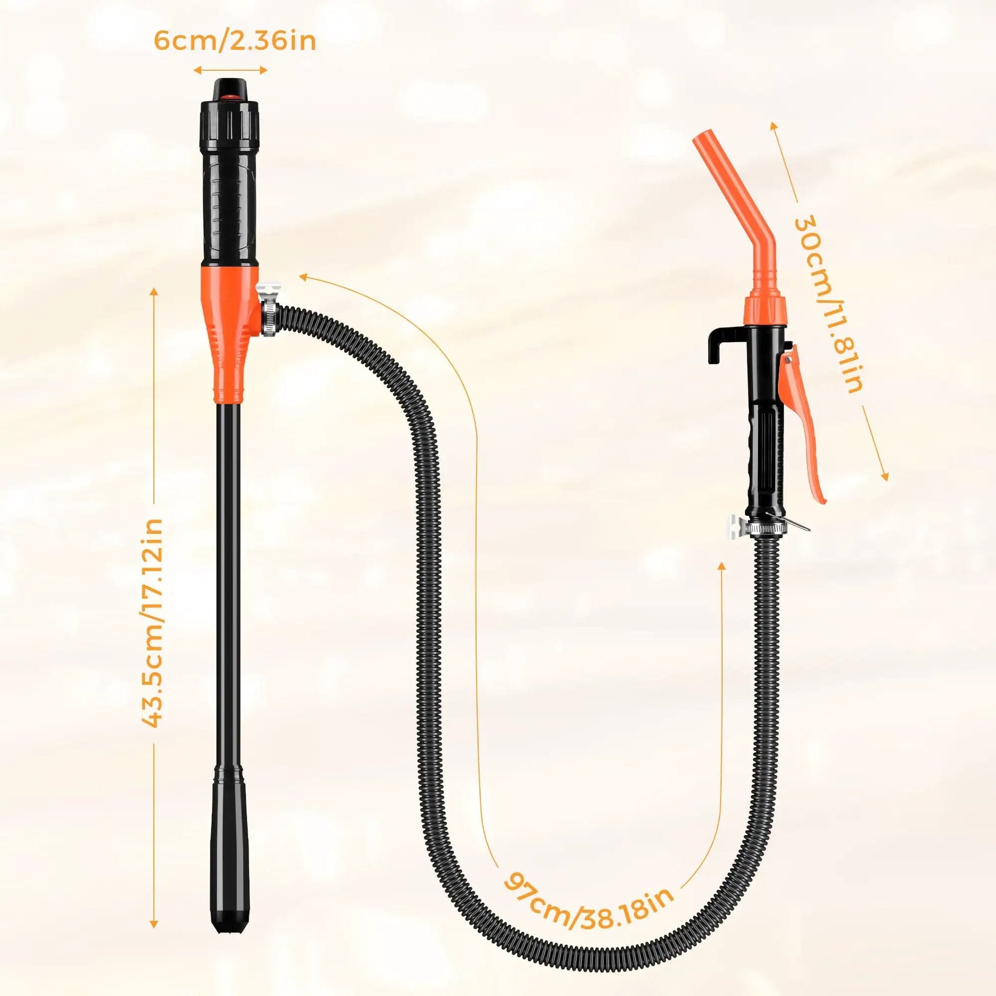 Portable Electric Fuel Transfer Pump 3 GPM Battery Powered Siphon for Oil and Fluids with Adjustable Flow Control Nozzle Orange, side view.