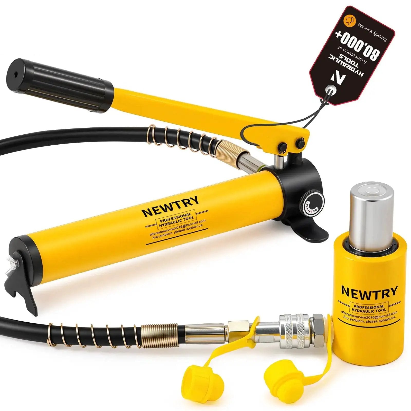 10 Ton Hydraulic Ram Jack With 2 Inch Stroke Porta Power CP180 Hand Pump in yellow, close-up view with hose and fittings