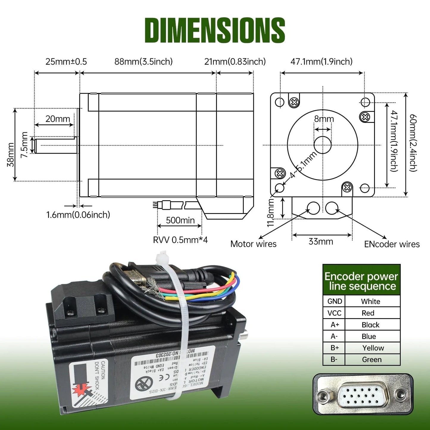 Dimensions and wiring details of Closed Loop Nema 24 Stepper Motor Kit With 3 Nm Torque And 2HSS60 Hybrid Driver For CNC Router Engraving