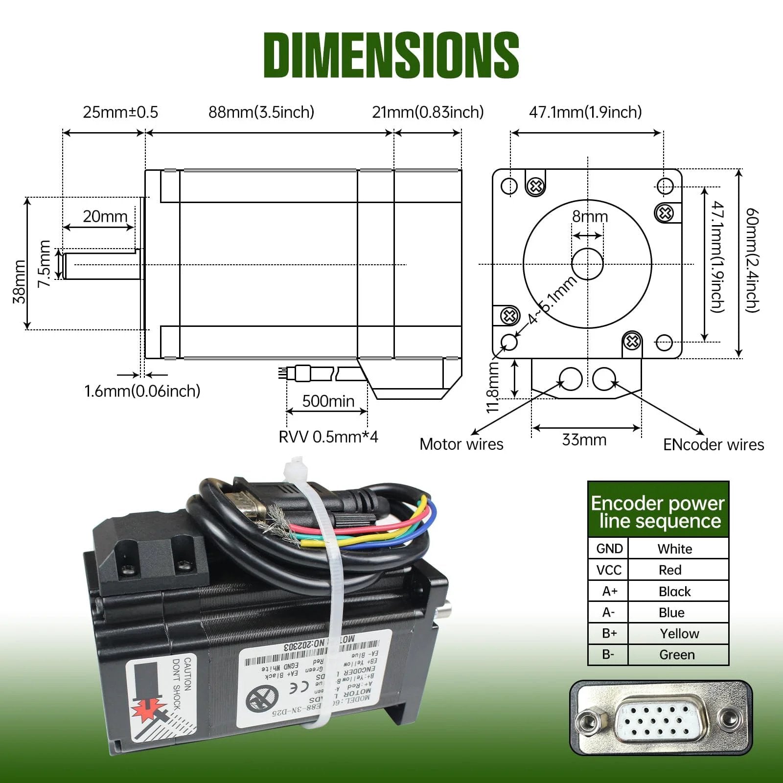 Dimensions and wiring details of Closed Loop Nema 24 Stepper Motor Kit With 3 Nm Torque And 2HSS60 Hybrid Driver For CNC Router Engraving