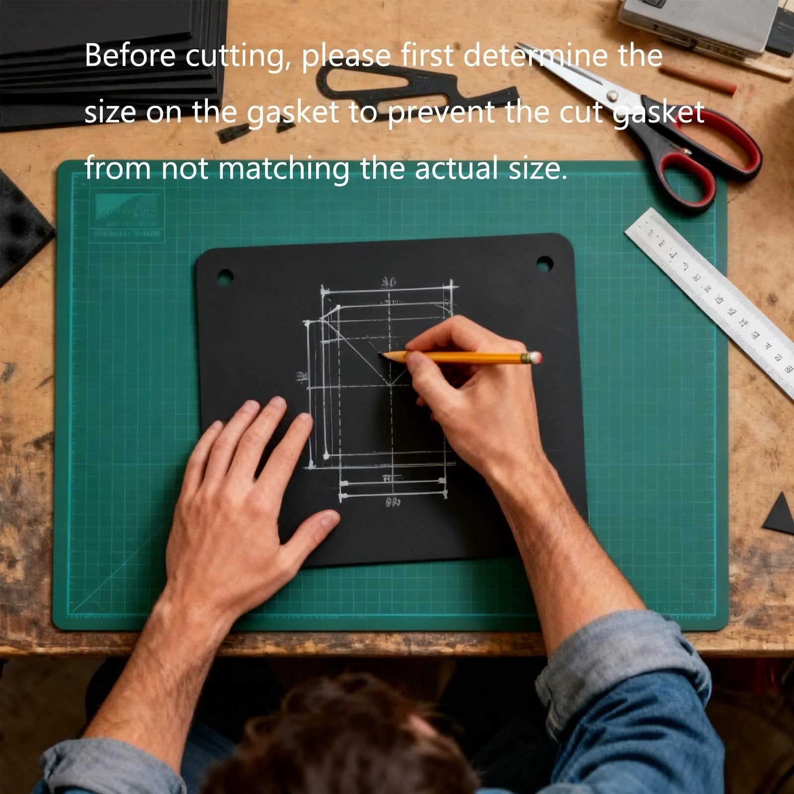 Person drawing on non asbestos gasket material sheet set 15x11.8 inches for DIY engine gaskets on workbench.