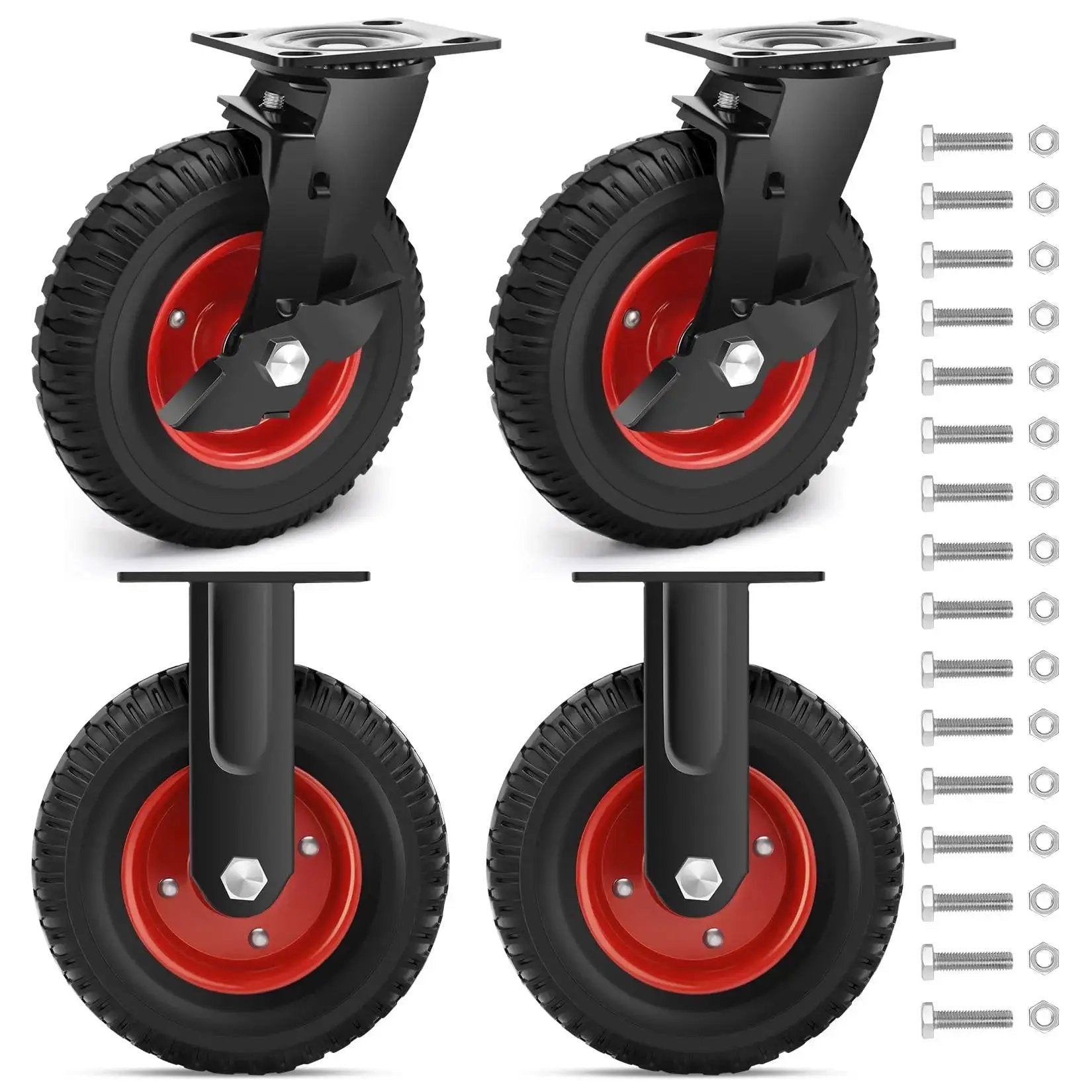 8 Inch Heavy Duty Rubber Casters With 2200 Lbs Load Capacity Set Of Four, knobby tread wheels including two brakes and two rigid.