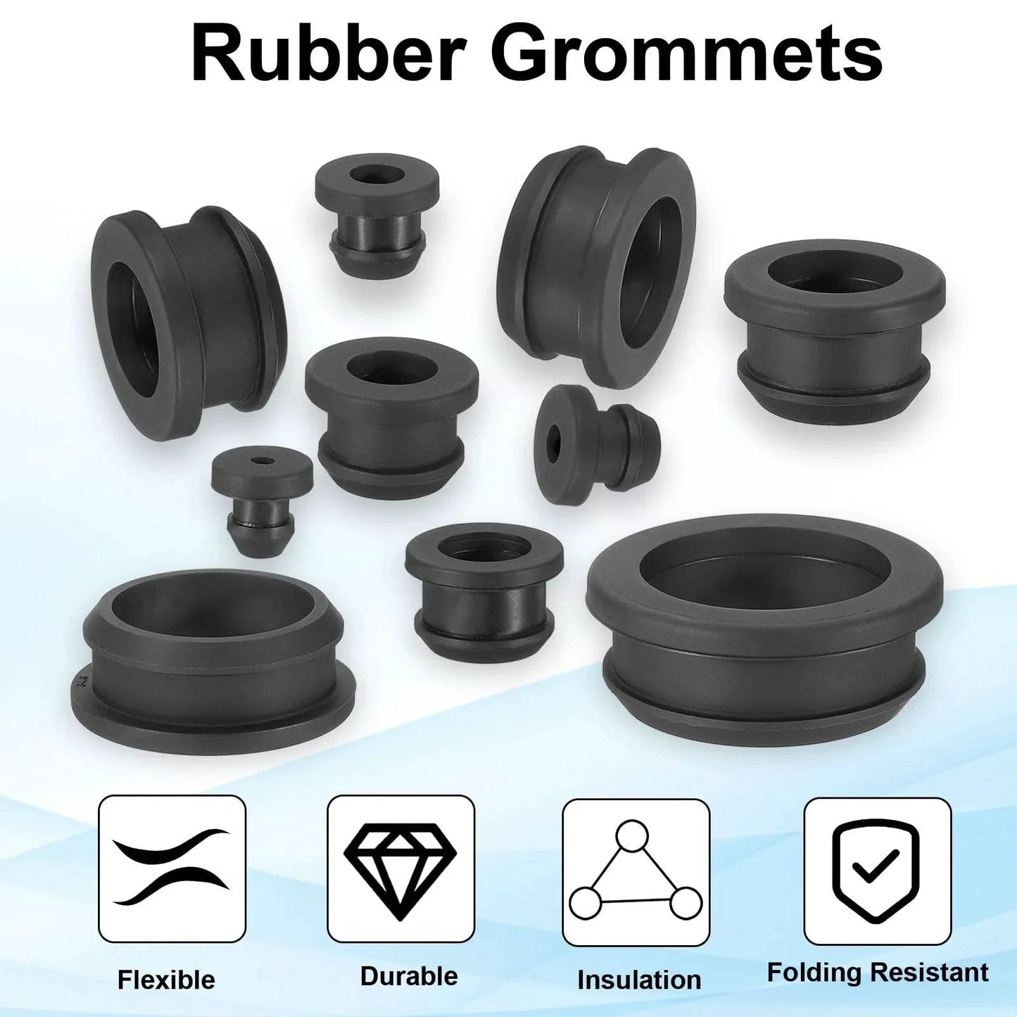 Top Hat Rubber Grommets For Wiring 7mm Drill Hole Inner Diameter 3/16 Inch, assorted black silicone shapes on blue background