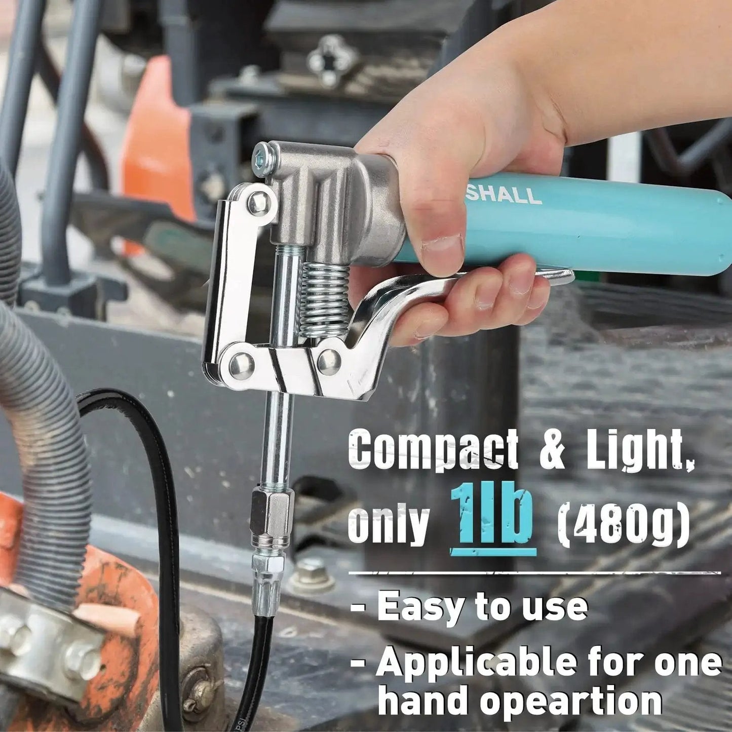 Hand using Mini Grease Gun Kit 3.52 Oz Capacity 3000 Psi with Long and Short Extension Pipes in auto repair setting