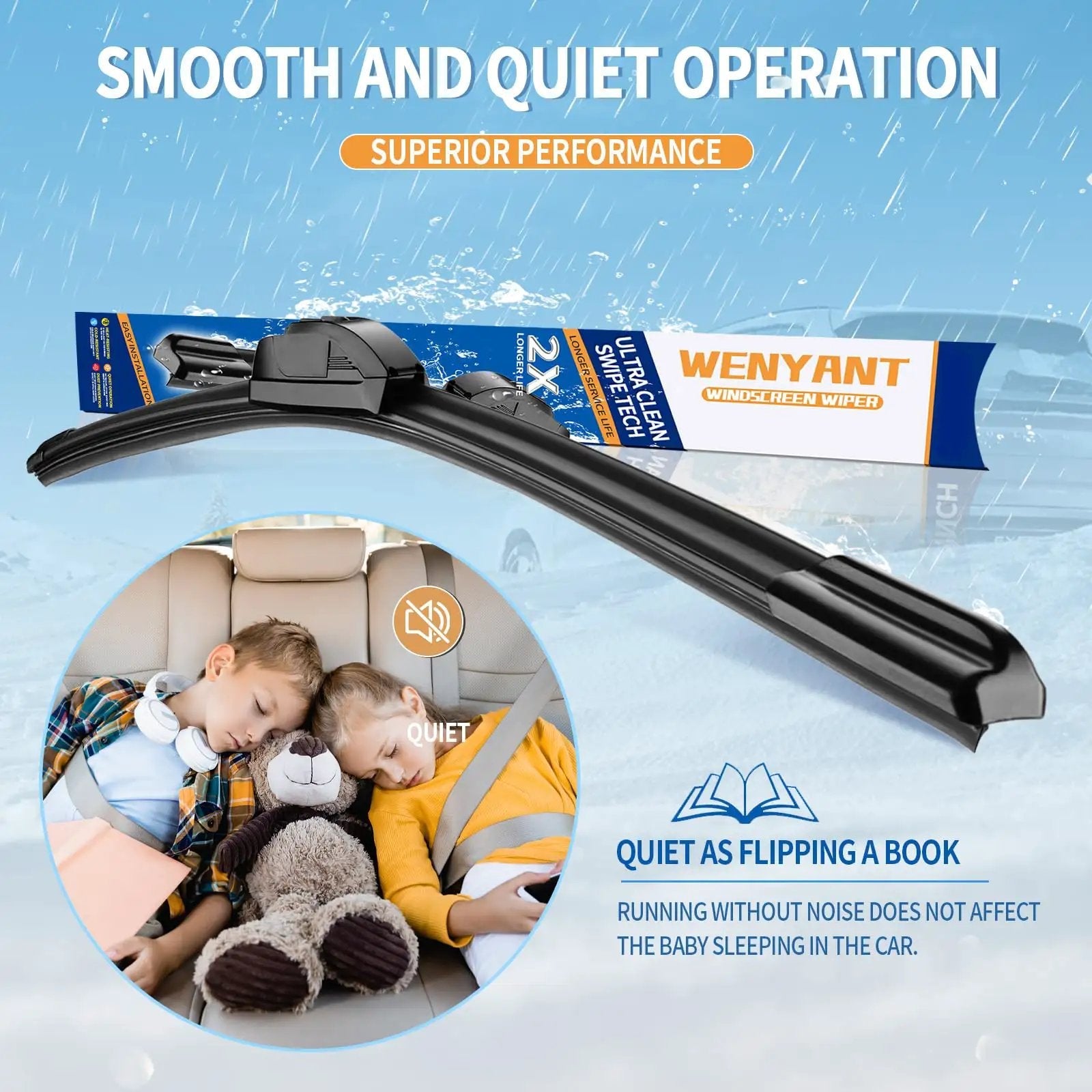Front Windshield Wiper Blades 26 Inch And 16 Inch Compatible With Honda CR V 2012 2016 Replacement Set Of 3 OEM Quality Easy Install Universal Fit For Most Vehicles, displayed with children sleeping peacefully in a car.