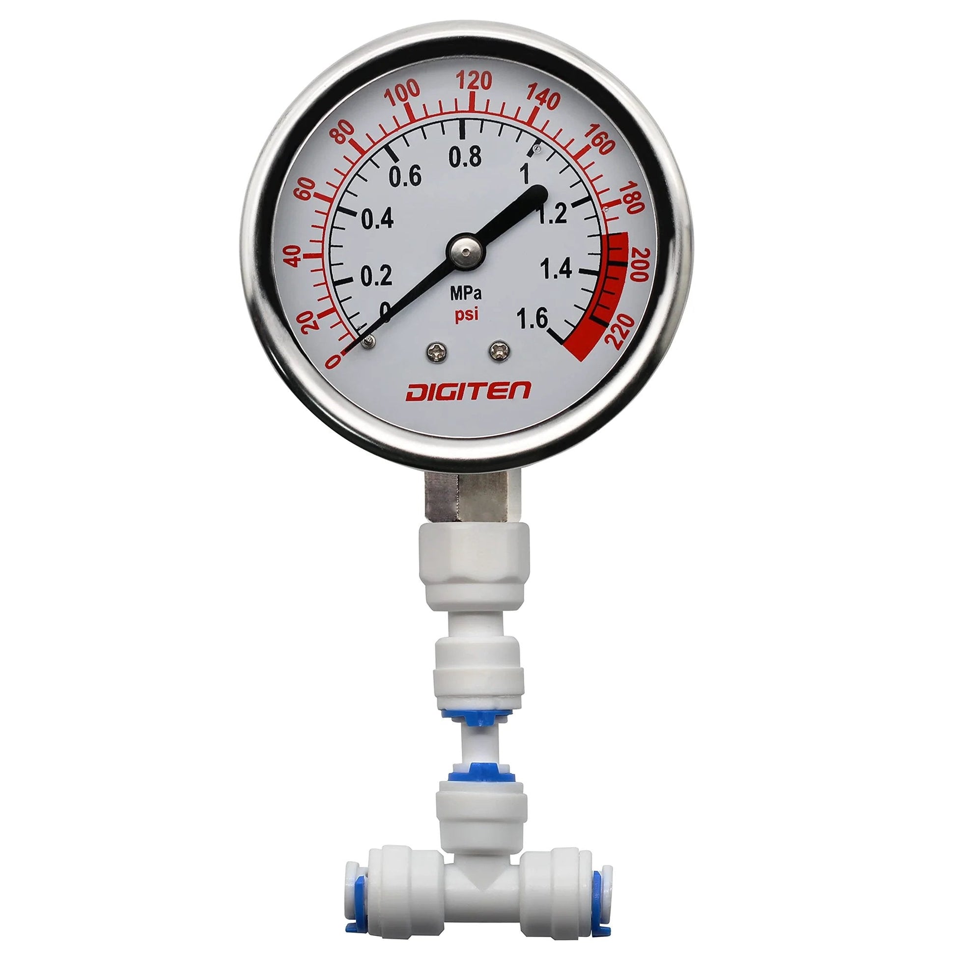 Water Pressure Gauge for Reverse Osmosis System, 0 to 1.6 MPa (0 to 220 psi), Two Inch Dial, Stainless Steel, One Quarter Inch Quick Connect