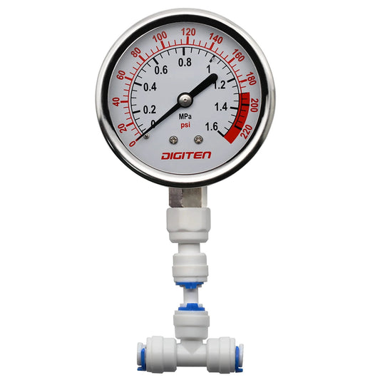Water Pressure Gauge for Reverse Osmosis System, 0 to 1.6 MPa (0 to 220 psi), Two Inch Dial, Stainless Steel, One Quarter Inch Quick Connect