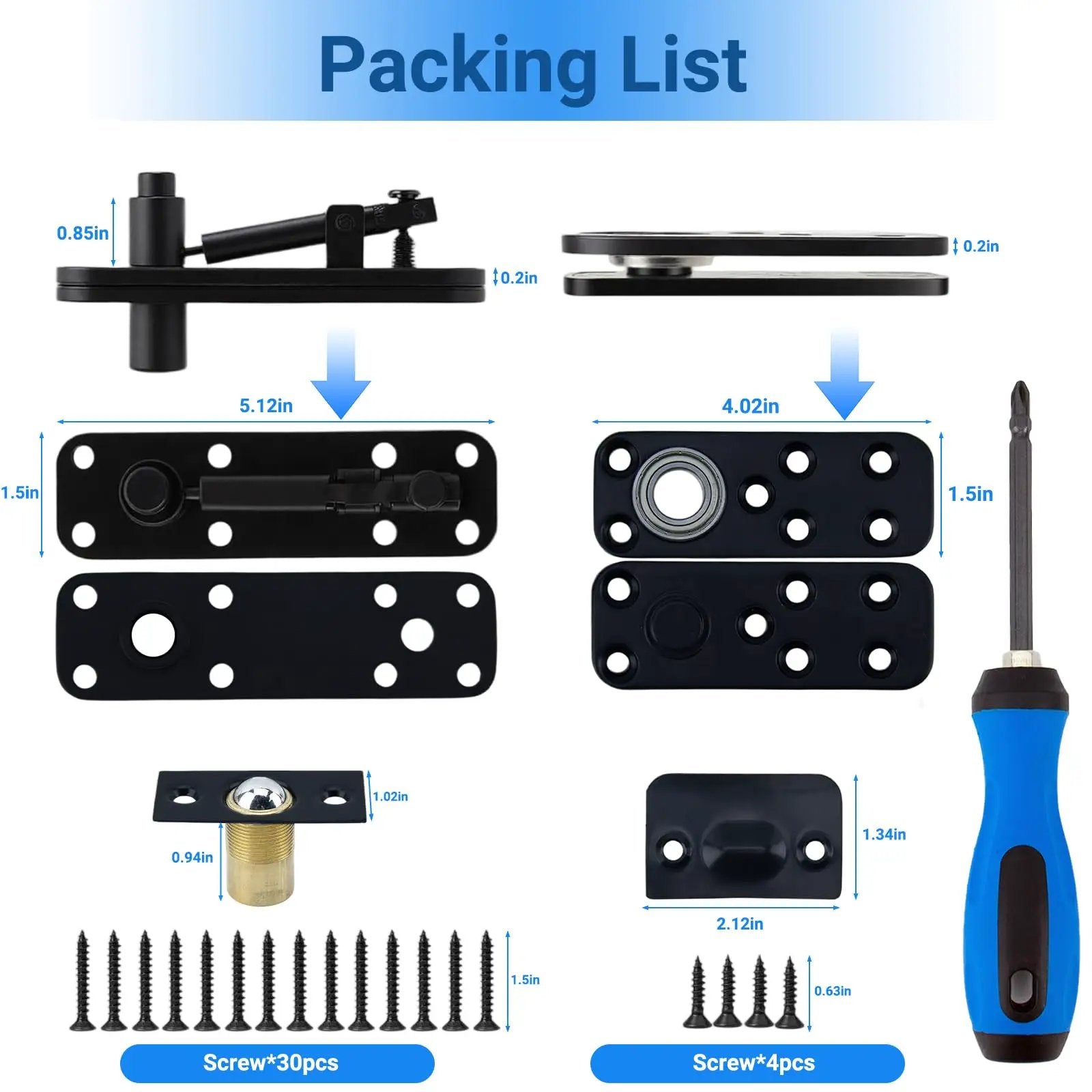 Heavy Duty Hidden Door Hinge 570 Lbs Steel Pivot 360 Degree Silent Rotation for Secret Doors Bookcase Murphy Shelf Doors Corrosion Resistant Stainless Steel Hardware, showing parts and screws with screwdriver