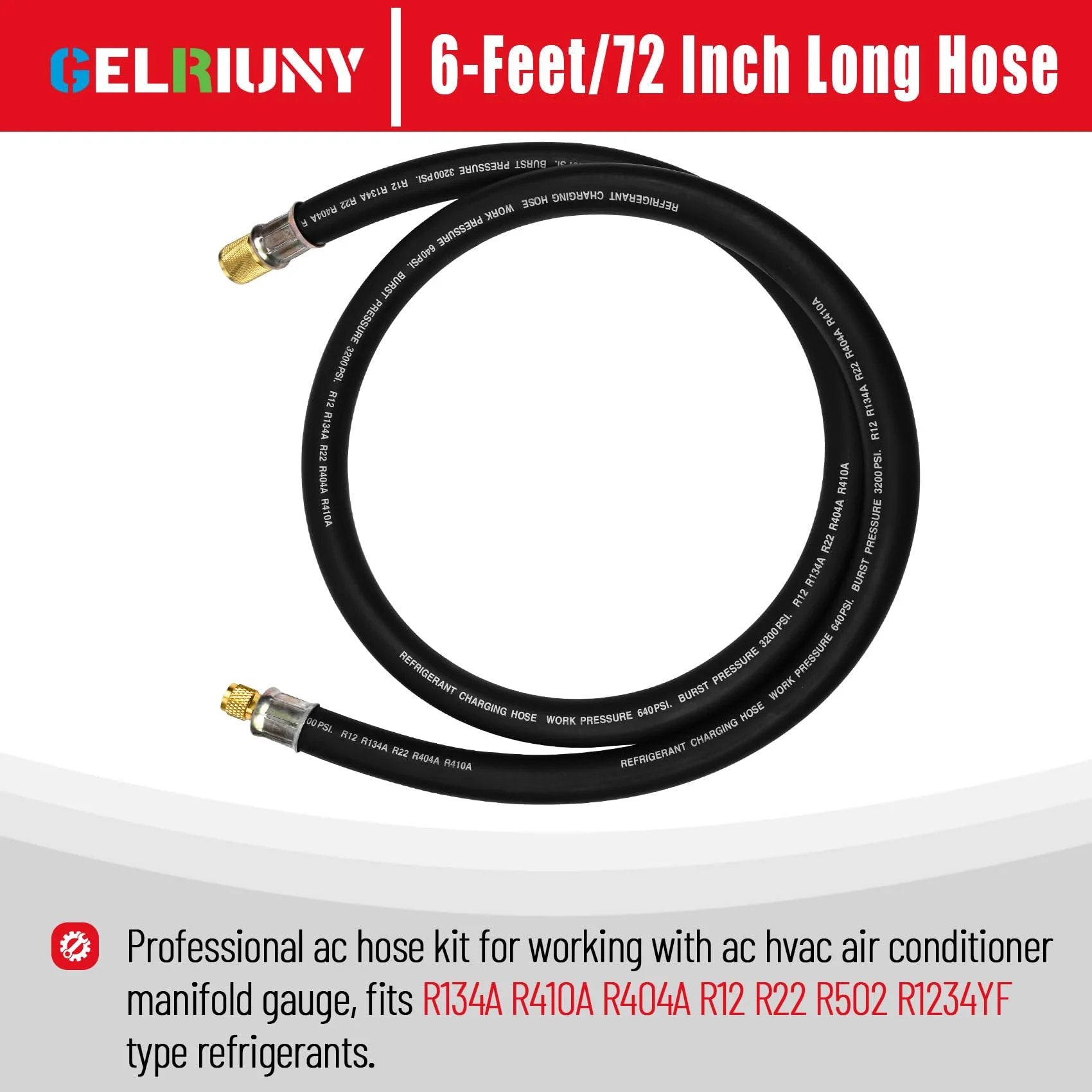 72 inch long black HVAC vacuum hose with fittings, compatible with R410A, R134A and other refrigerants, shown in coiled view.