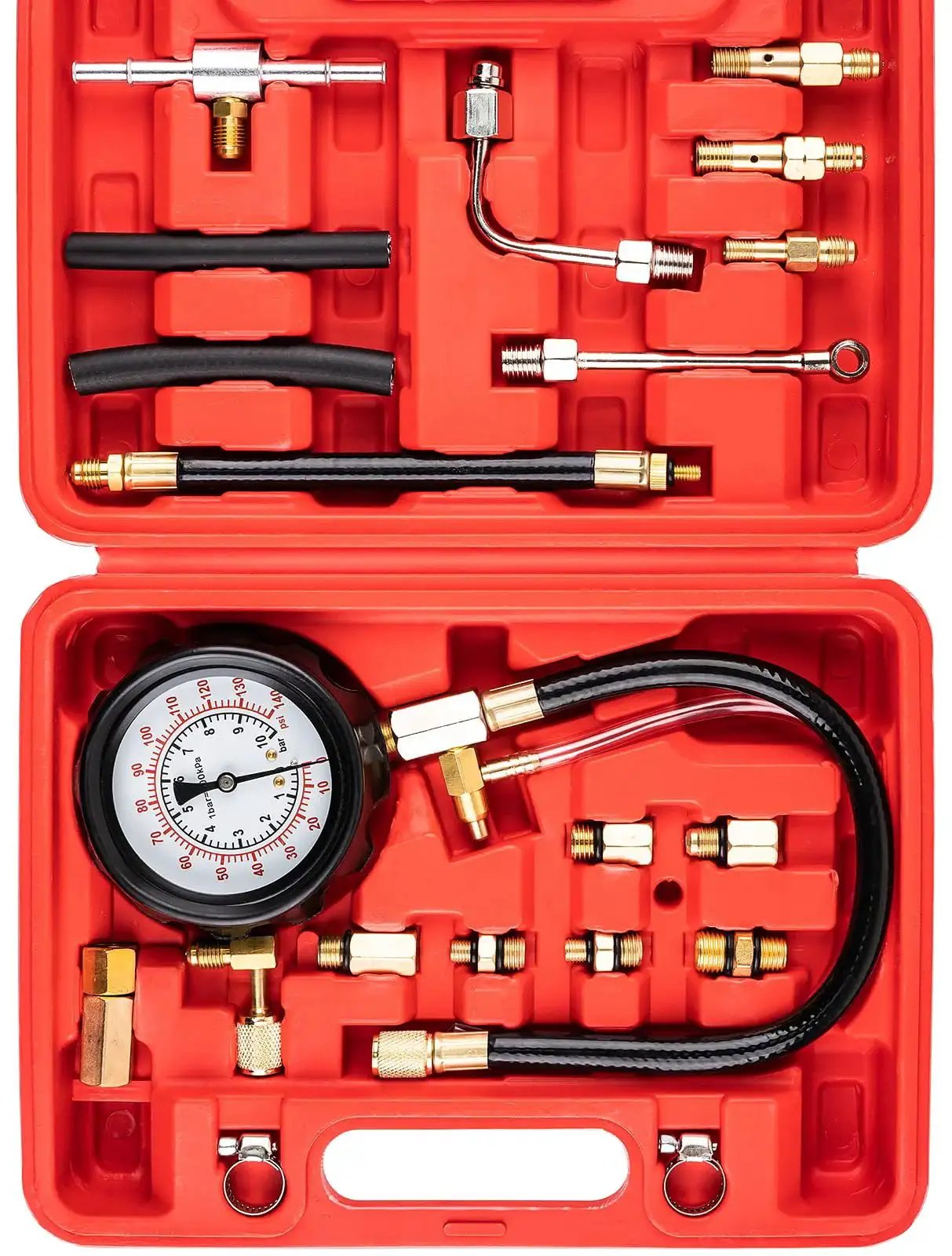 Diesel Fuel Pressure Tester Kit 0-140 PSI with Adapters for Pumps and Injectors shown in red storage case with hoses and adapters.
