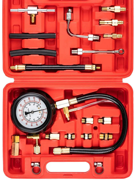 Diesel Fuel Pressure Tester Kit 0-140 PSI with Adapters for Pumps and Injectors shown in red storage case with hoses and adapters.