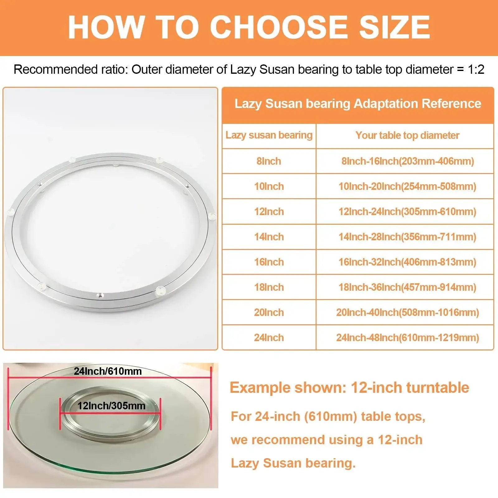 Size guide for Heavy Duty 12 Inch Lazy Susan Bearing Kit With Metal Turntable Ring 300mm For Cabinets And Pantry Storage Space Saving Smooth Rotation Easy Install Includes Base And Mechanism with example of 12-inch turntable.