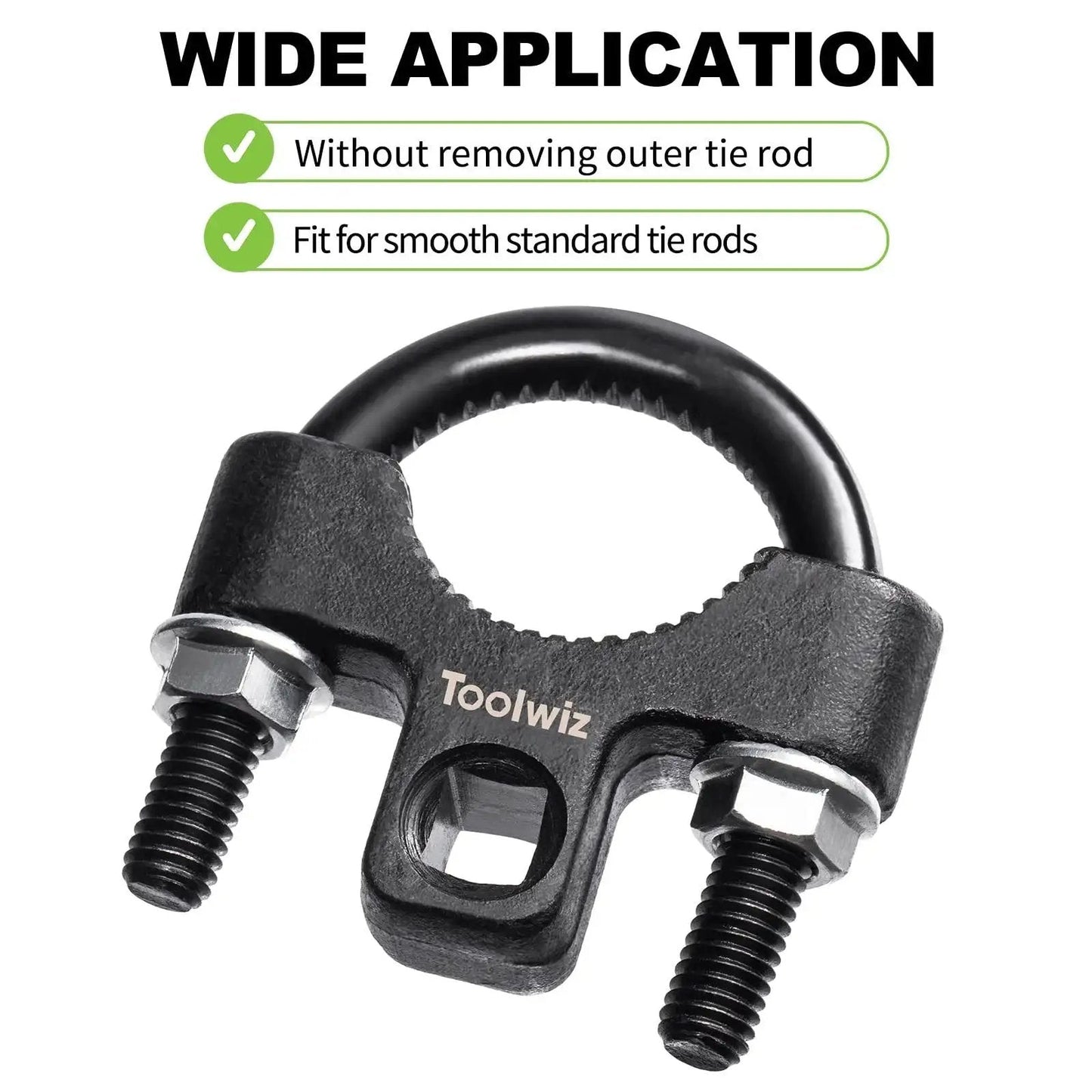 Inner Tie Rod Removal Tool Three Eighths Inch Universal Low Profile 30 To 42MM shown with bolts and wide application text