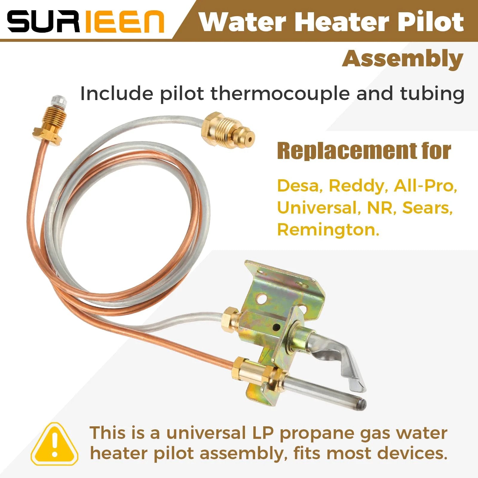 LP Propane Gas Water Heater Pilot Assembly With Thermocouple And Tubing Replacement shown with brass/zinc components.