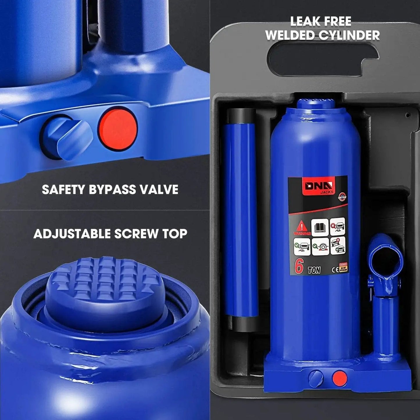 Close-up of a 6 Ton Hydraulic Bottle Jack for Automotive Lifting with Welded Steel Blue, showing safety bypass valve and screw top.