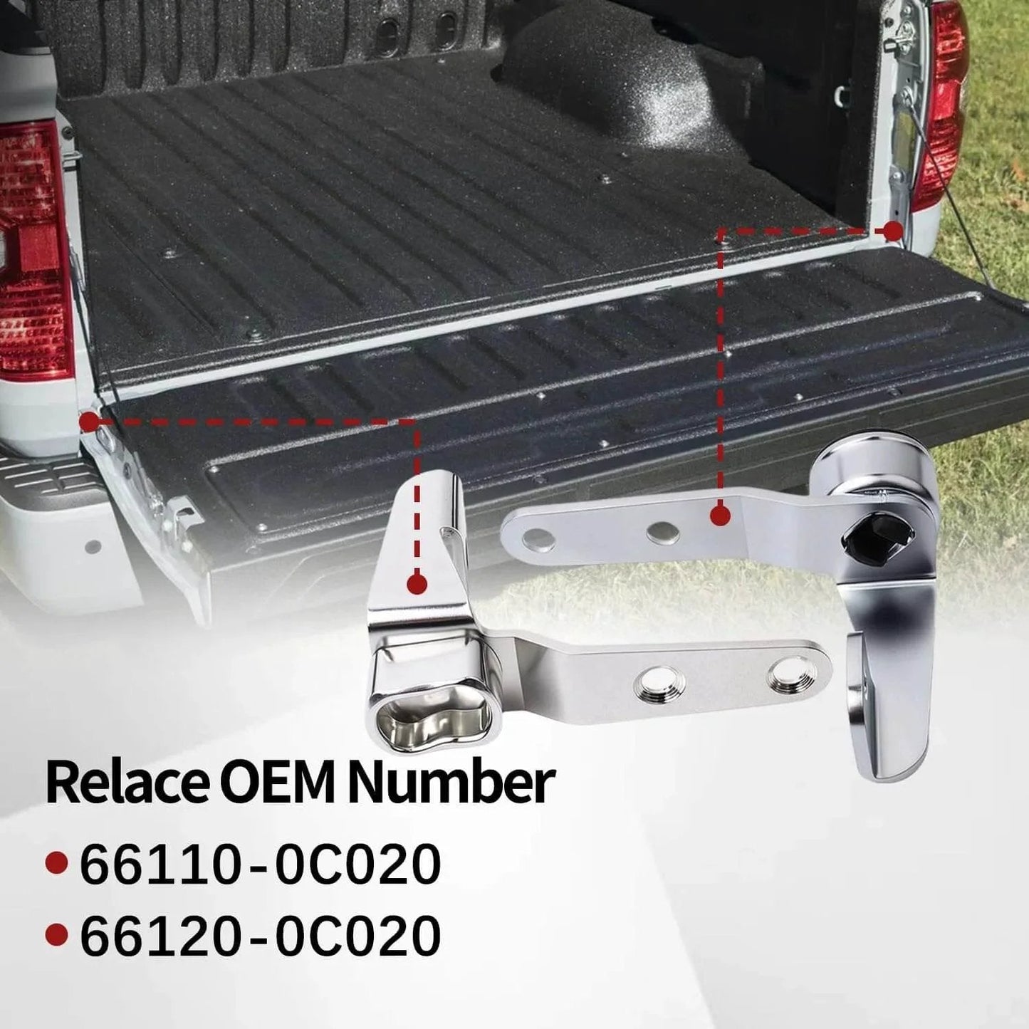 Tailgate Hinge And Bushing Insert For 2007-2024 Tundra SR And SR5 Right Passenger Side Replacement Assembly Replaces 661100C020 shown near truck bed