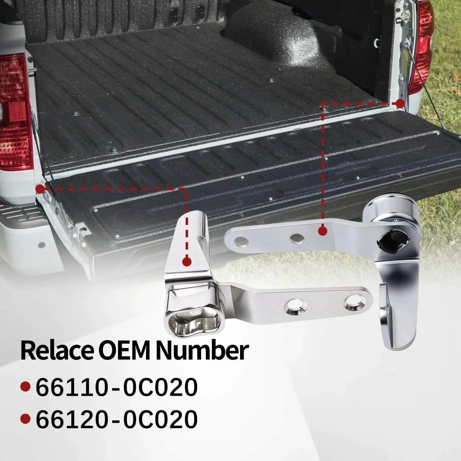 Tailgate Hinge And Bushing Insert For 2007-2024 Tundra SR And SR5 Right Passenger Side Replacement Assembly Replaces 661100C020 shown near truck bed