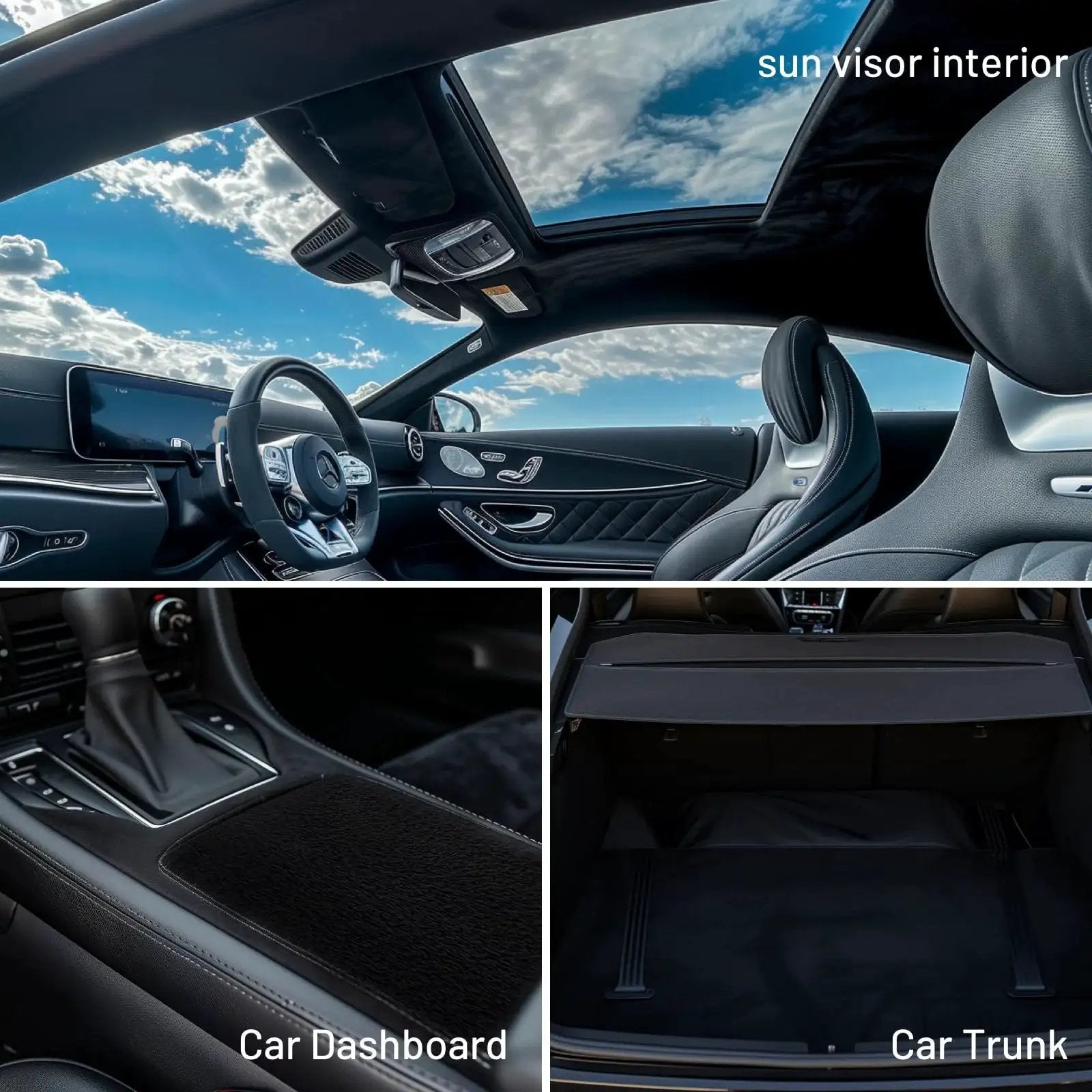 Interior view of a black car with suede auto headliner fabric 98 x 60 with foam backing, featuring dashboard and trunk details.