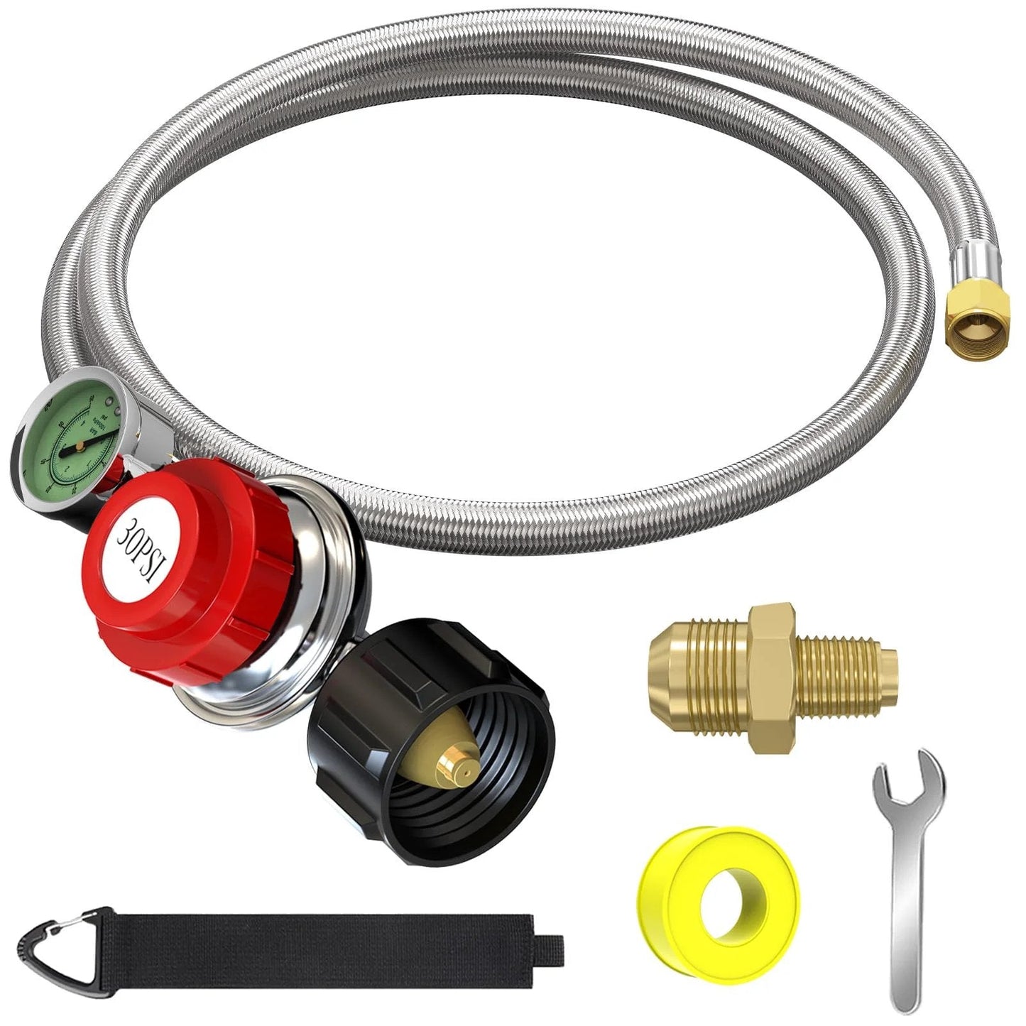 5 Ft Adjustable Propane Regulator With Gauge 0 to 60 PSI Gas Flow Indicator High Pressure Hose QCC1 Stainless Steel Three Eighths Flare And One Eighth MNPT For LP Gas Cookers Burners Turkey Fryers Smokers Grills