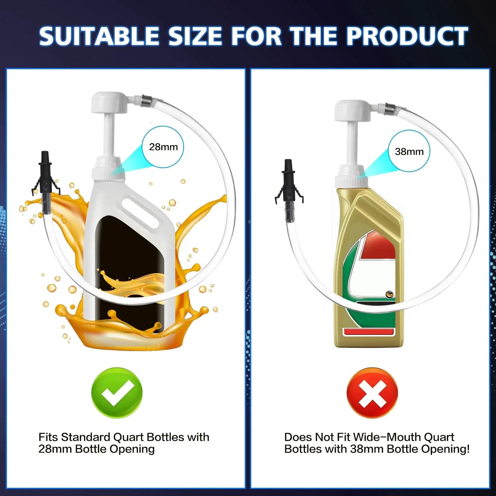 Quart Fluid Pump With 10cc Stroke And Third Hand Adapter For Transmission Fluids showing bottle compatibility chart