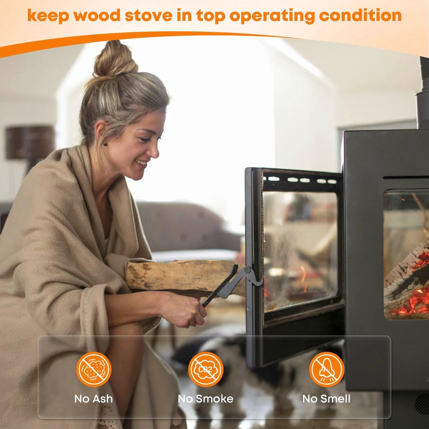 Woman using graphite impregnated fiberglass flat rope seal and high temperature cement gasket kit for wood stoves replacement.