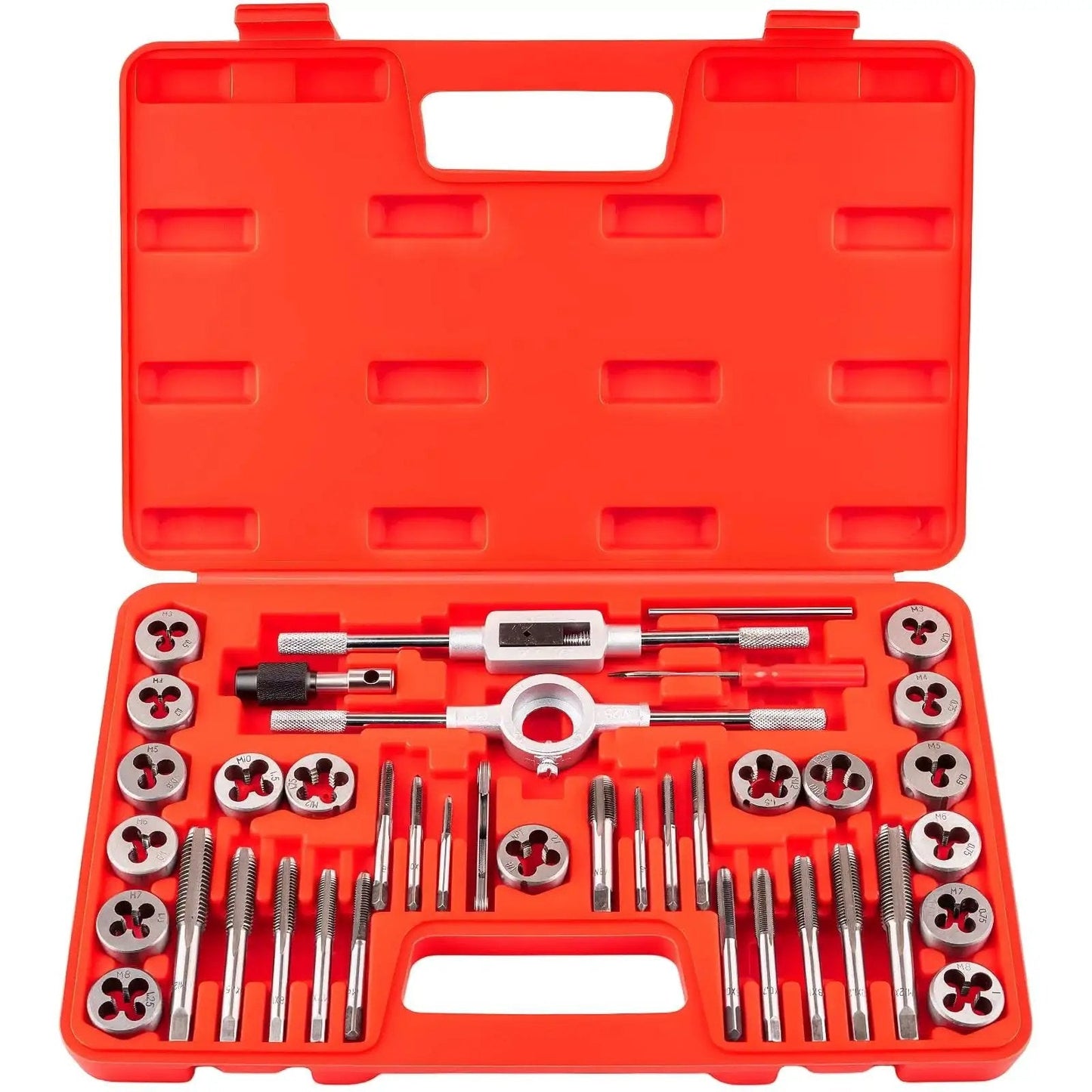 Premium 40 Piece Metric Tap And Die Set For M3 To M12 Taps And Dies With Full Threading Kit And Accessories in orange case