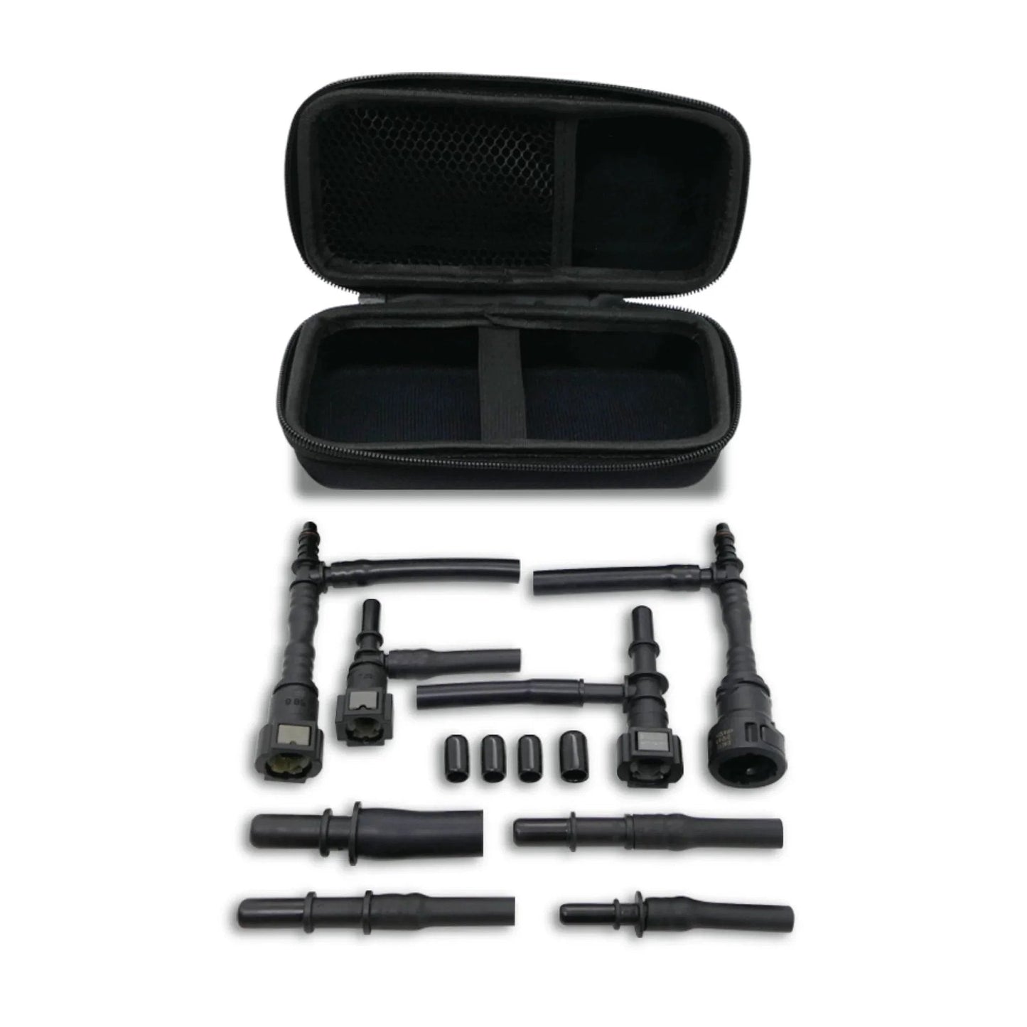 Universal EVAP System Leak Detection Kit For Any Automotive Smoke Machine, Pro Grade Tool For Quick Easy EVAP Leaks Find With 9.89mm To 12.6mm Tee Adapters, Rubber Vacuums, 9.25mm Male Adapter, Soft Case Included displayed with components and case shown
