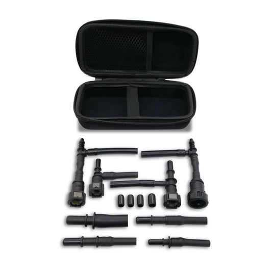 Universal EVAP System Leak Detection Kit For Any Automotive Smoke Machine, Pro Grade Tool For Quick Easy EVAP Leaks Find With 9.89mm To 12.6mm Tee Adapters, Rubber Vacuums, 9.25mm Male Adapter, Soft Case Included displayed with components and case shown