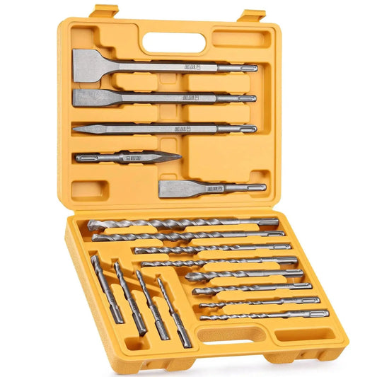 17 Piece SDS Plus Rotary Hammer Drill Bits And Chisel Set With YG8C Carbide Tips in yellow storage case for masonry work