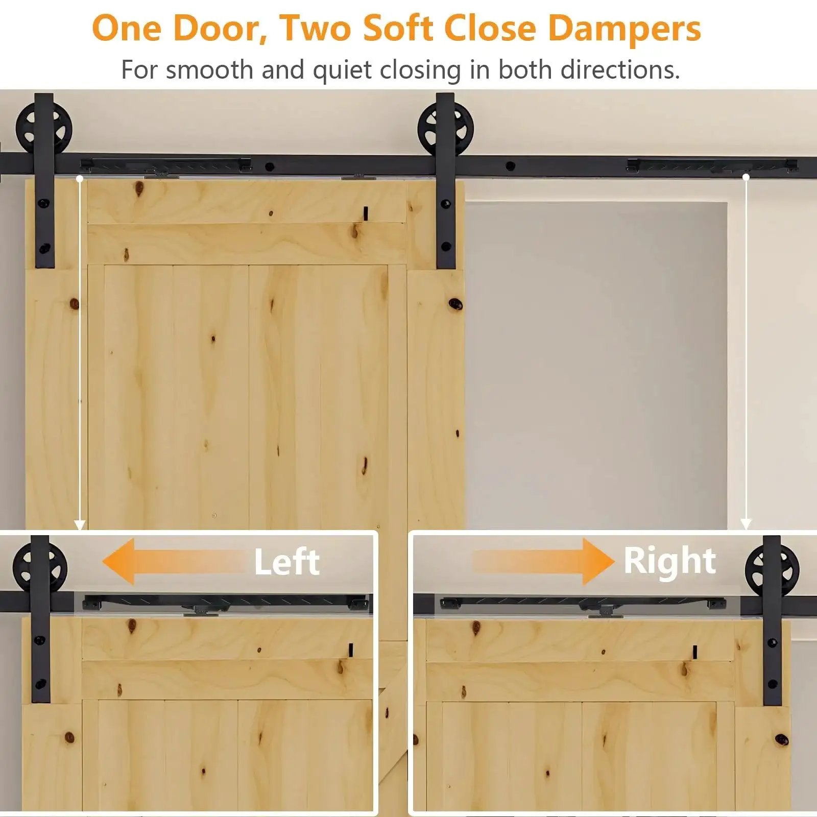 Two Piece Barn Door Soft Close Kit No Drill Version for Sliding Barn Door Hardware Supports 70 to 160 lbs installed view