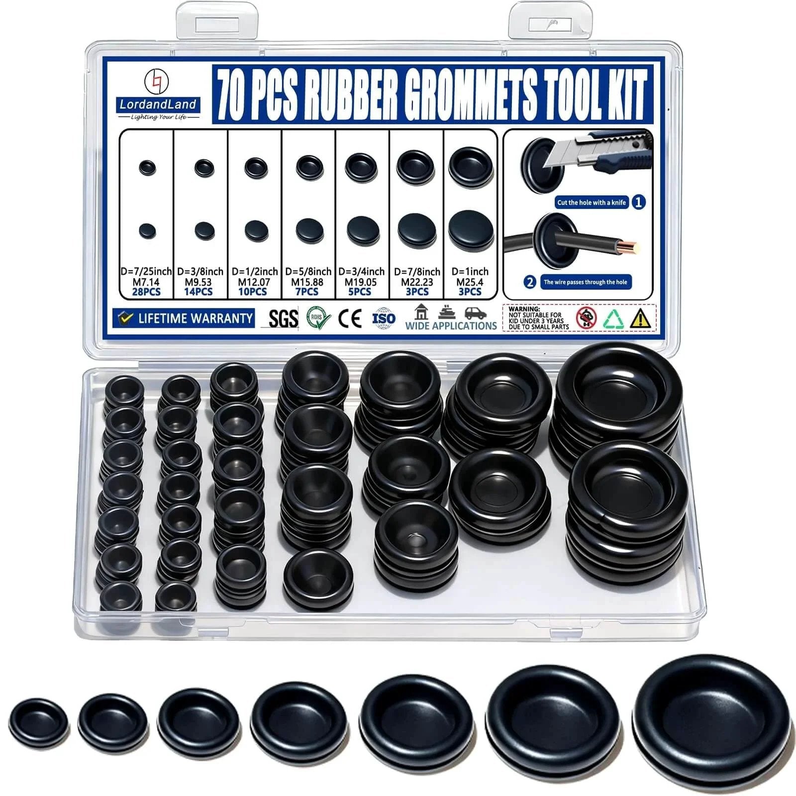70 Pack Rubber Grommet Kit With 7 Sizes For Wiring Automotive And Home Improvement organized in a clear plastic case showing all sizes.