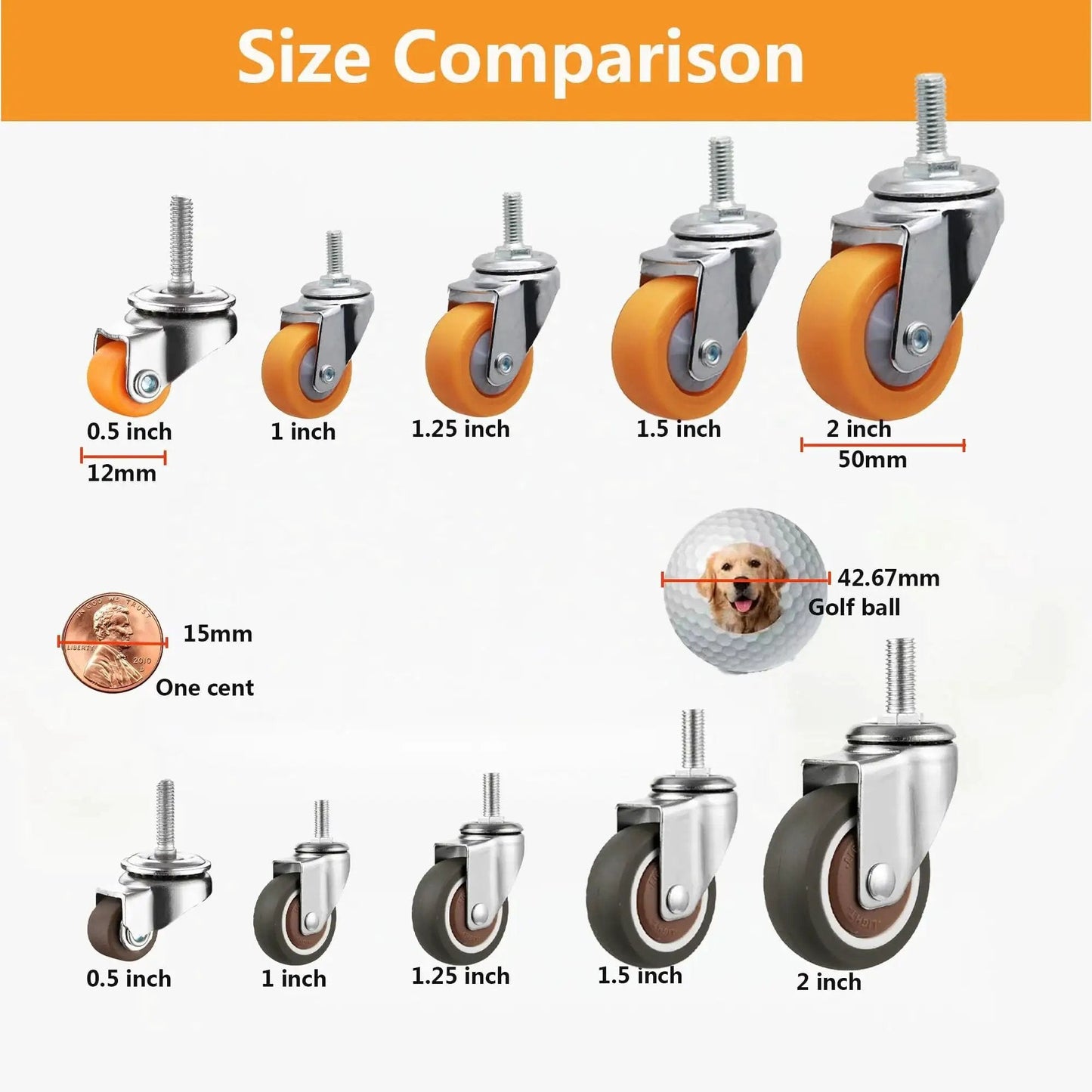 Size comparison of swivel stem threaded casters, including 1 Inch Swivel Stem Threaded Casters With M8x15 Threaded Rod 360 Degree Swivel Action TPR Quiet Caster Wheels Brown Finish Mini Casters Without Brakes Low Profile Design Ideal For Workbenches Carts Tables And Tool Trolleys, next to penny and golf ball for scale