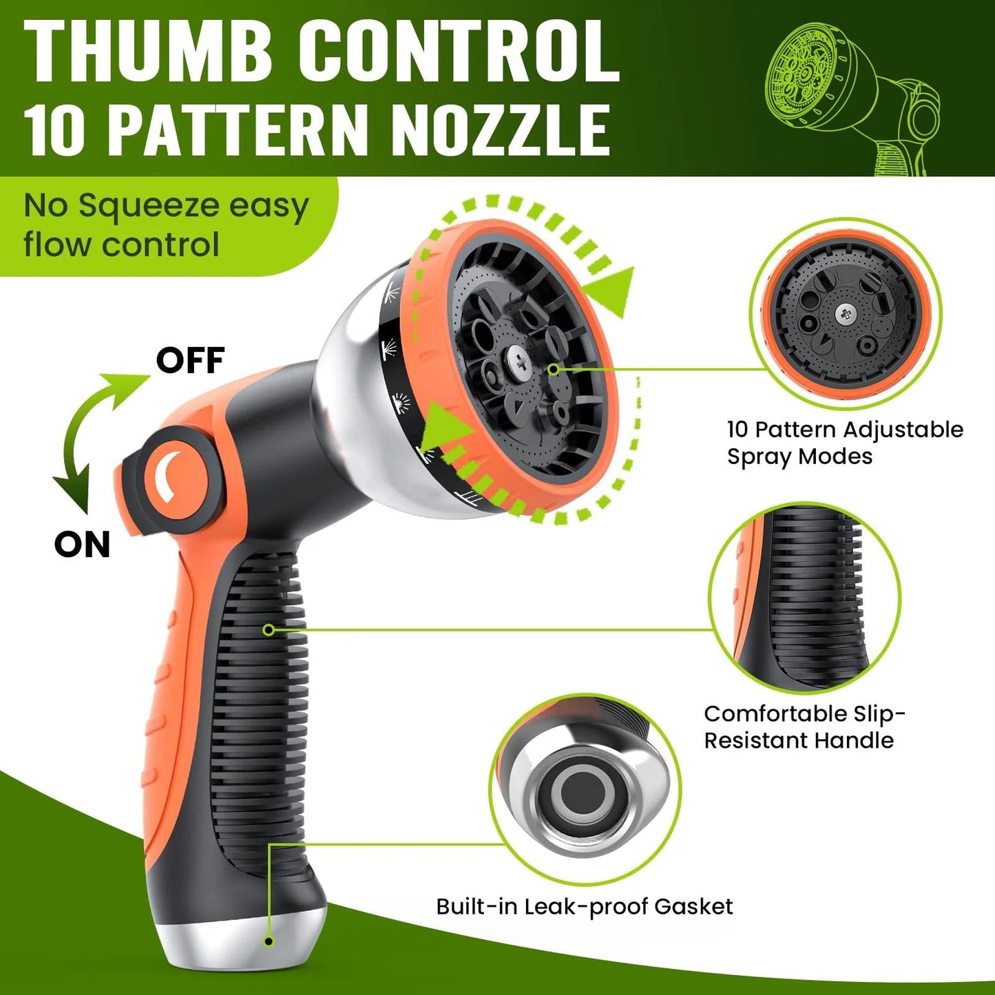 Heavy Duty Non Expandable Garden Hose 100 Ft With 10 Function Sprayer Delivers Steady Water Pressure Anti Kink Burst Resistant Leak Proof High Pressure Lightweight Flexible Hose For Easy Yard Work By REFDAQ showing 10 pattern sprayer nozzle