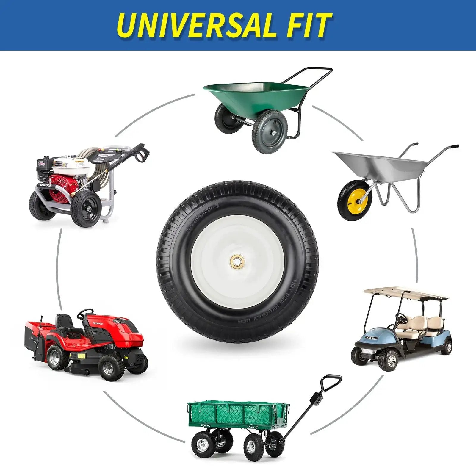 16 Inch Flat Free Solid Tire And Wheel For Garden Carts Wheelbarrows And Lawn Mowers Tire Size 4.80 4.00 8 universal fit display