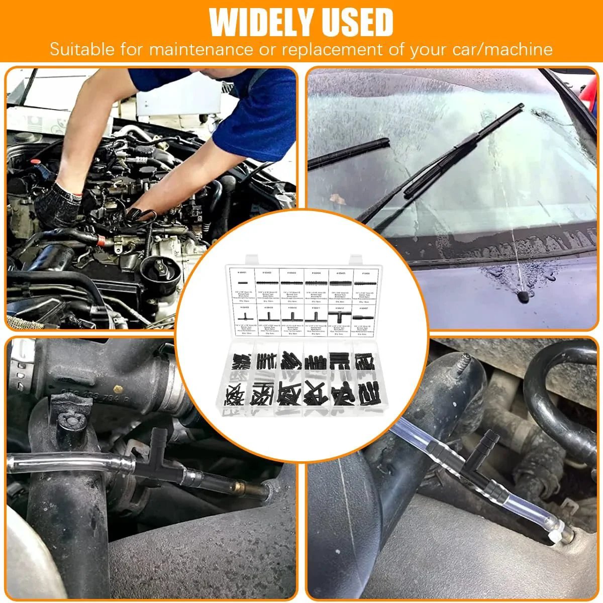 Car Vacuum Line Fitting Kit With 113 Piece Nylon Heat Resistant Tubing Fittings Including Tee Straight Reducer Assortment For Universal Vehicle Replacement Accessories And Easy Durable Installations In All Weather shown with engine and tubing