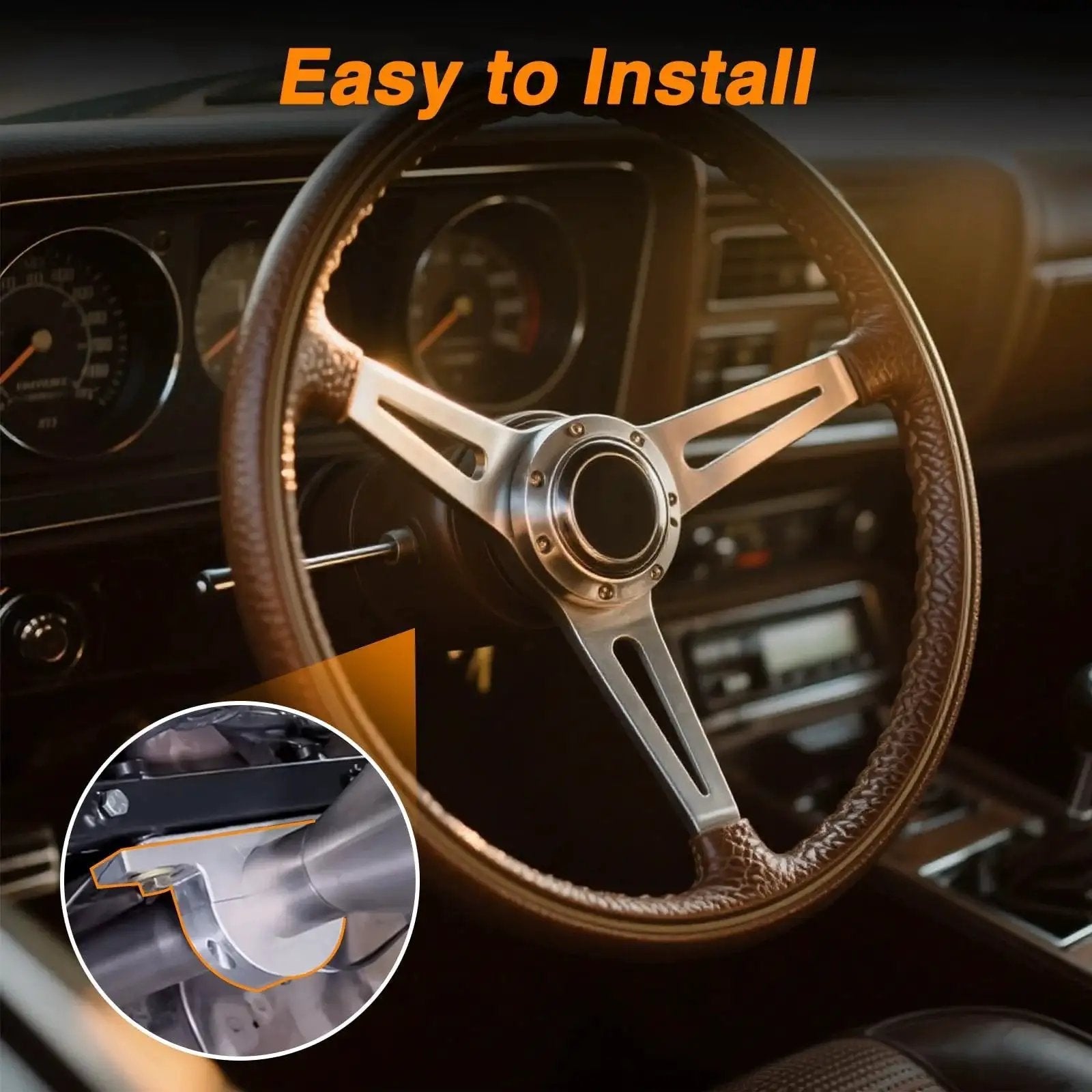 Universal 2 Inch Steering Column Keyed No Drop Mount River Clamp Aluminum 6061 installed in car interior