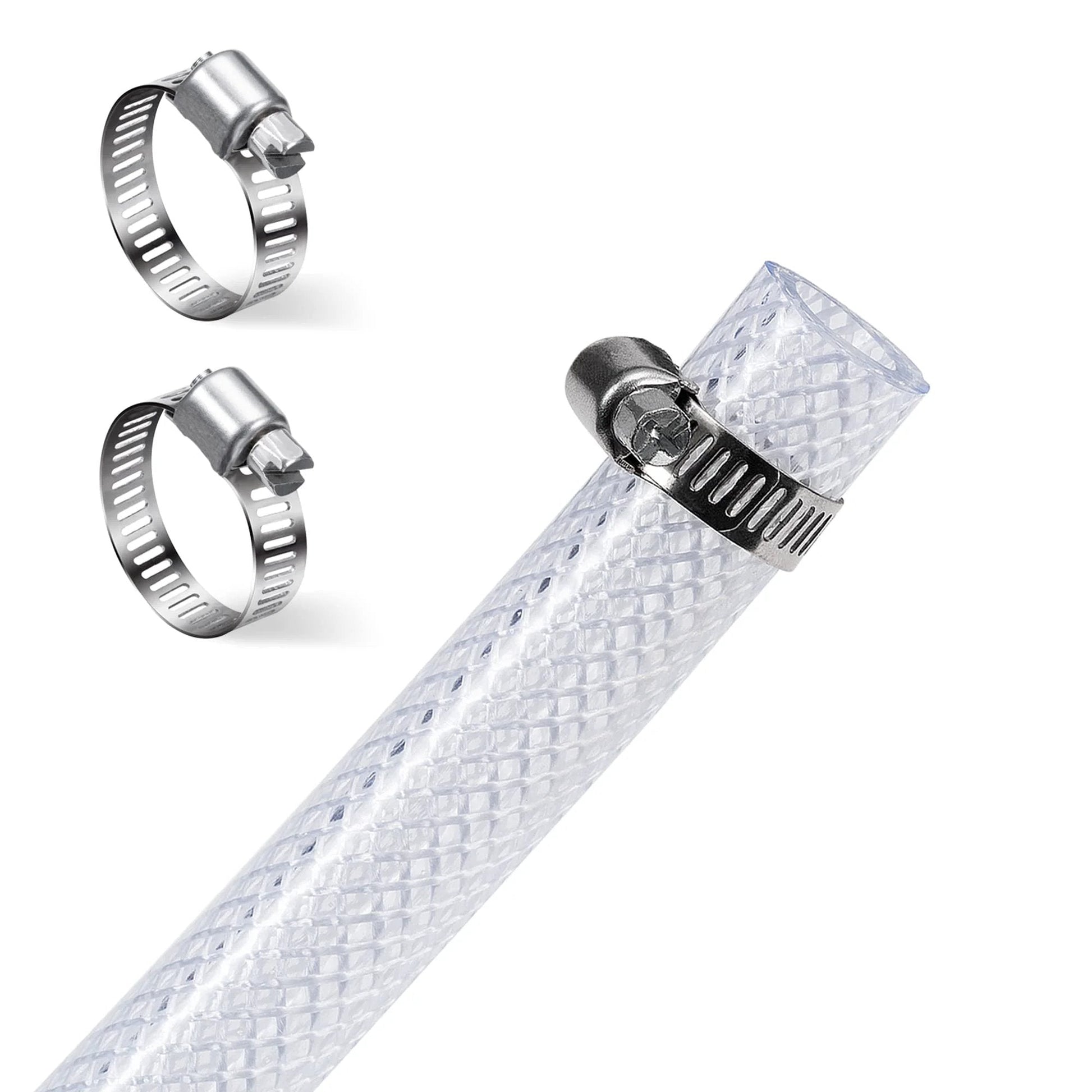 Heavy Duty Braided Clear PVC Tubing By DAVCO 1 Inch ID 25 Ft With Stainless Clamps High Pressure Flexible Reinforced Plastic Hose