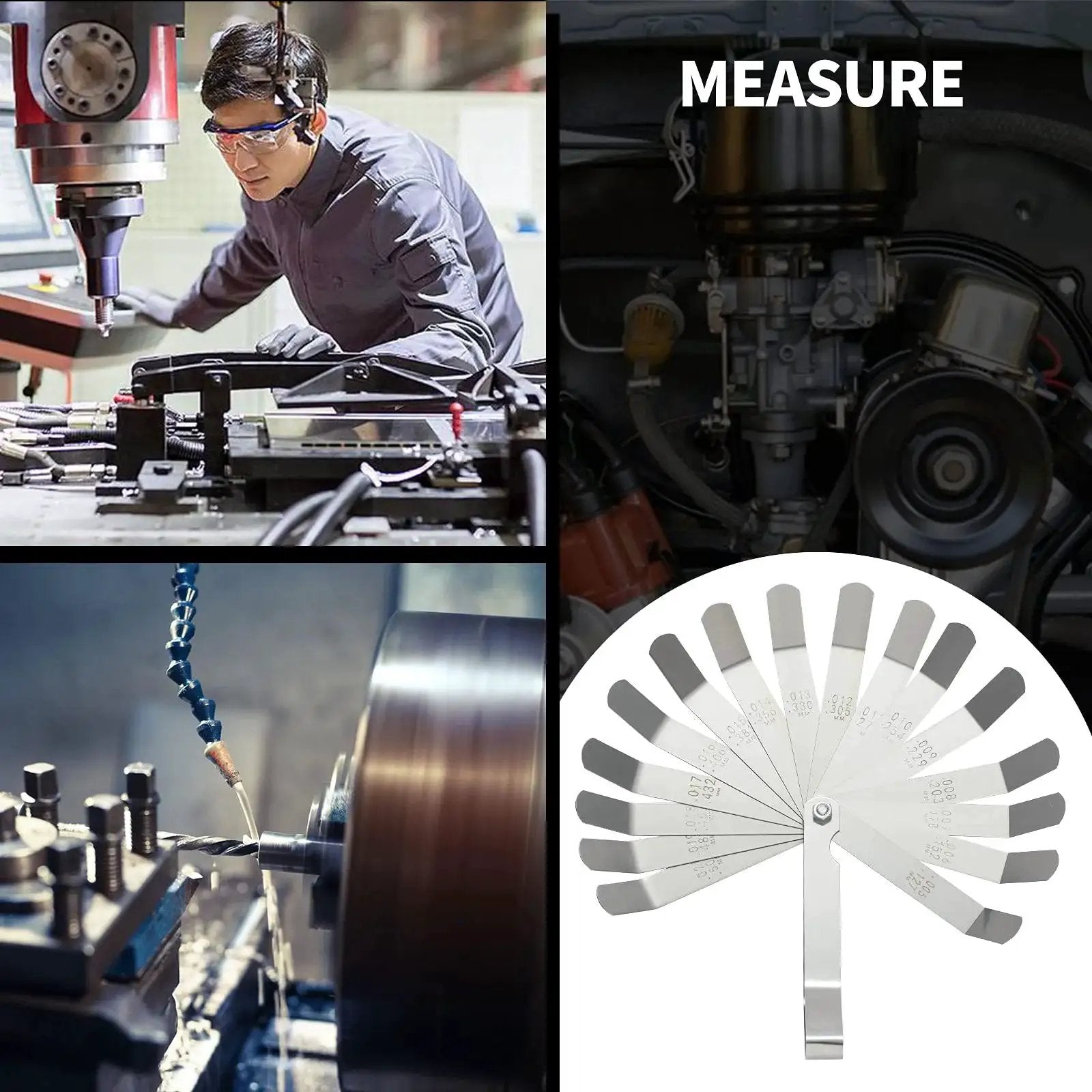 Three Piece Feeler Gauge Set With 32 And 26 Blade Gauges And Offset 16 Blade Gauge Stainless Steel Dual Marked Metric And Imperial Gap Tool For Automotive Repair And Engine Tuning Today shown in use with machinery and engine components.
