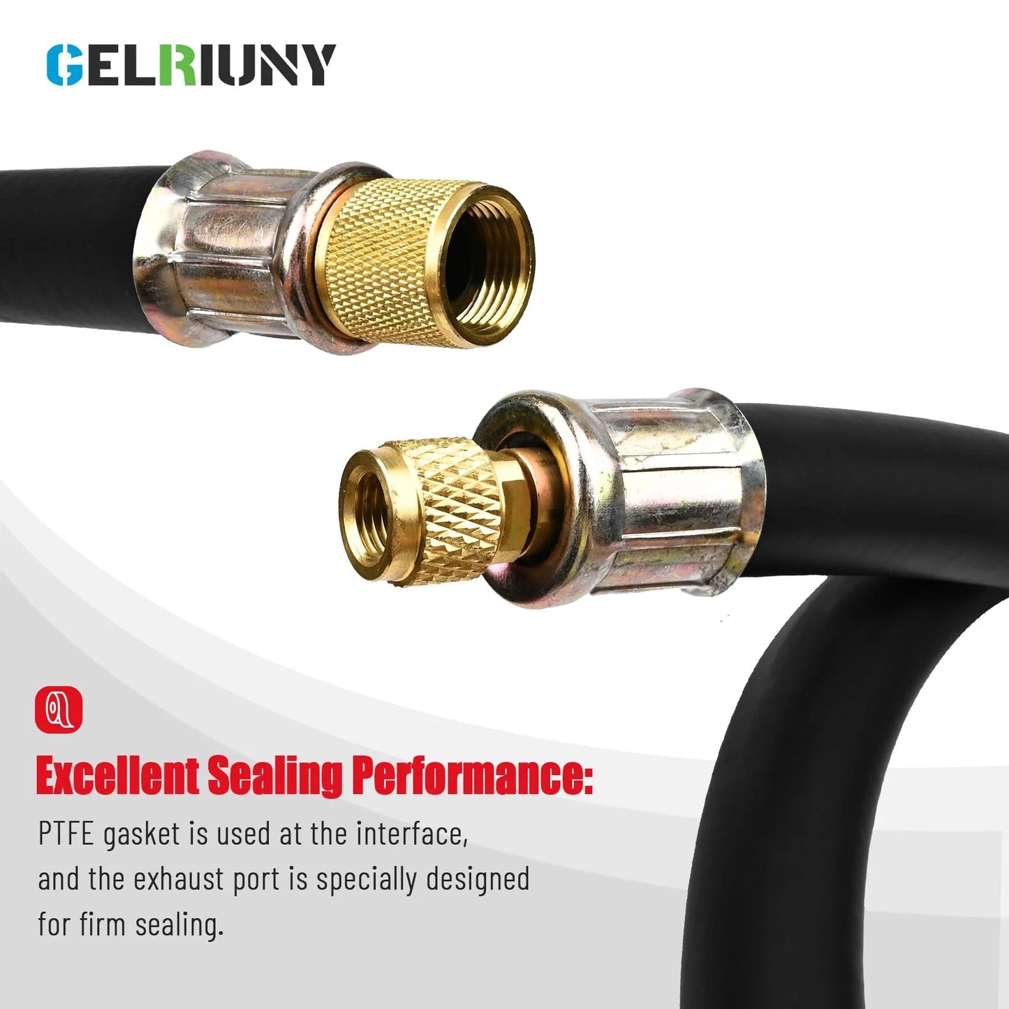 Close-up of upgrade half inch HVAC vacuum hose with high flow vacuum certified refrigerant hose and half inch to quarter inch flare fittings