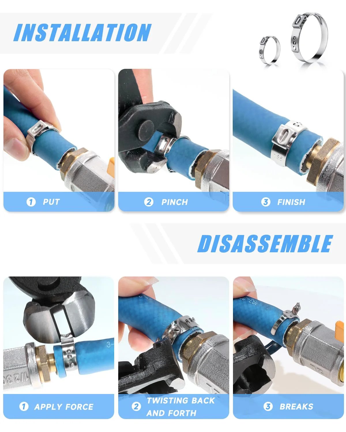 210 Piece Stainless Steel Hose Clamp Kit With 12 Sizes From 6 mm To 36.1 mm Stepless Adjustable Cinch Clamps And Pincer Tool for installation and disassembly steps.
