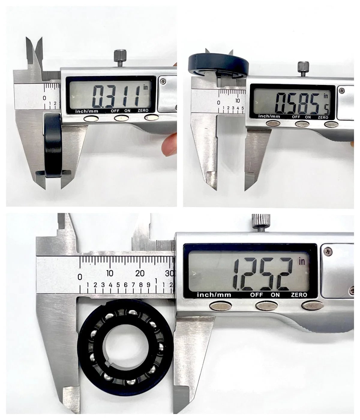 AXV055P Turbine Bearing Replacement Parts 4 Pack for Pool Vacuum Cleaners shown with caliper measurements for size reference.