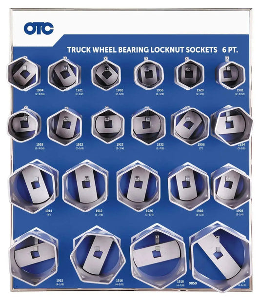 Six-Point Truck Wheel Bearing Locknut Socket Set With 3/4 Inch Drive And Tool Board, 21 sizes displayed on a wall board