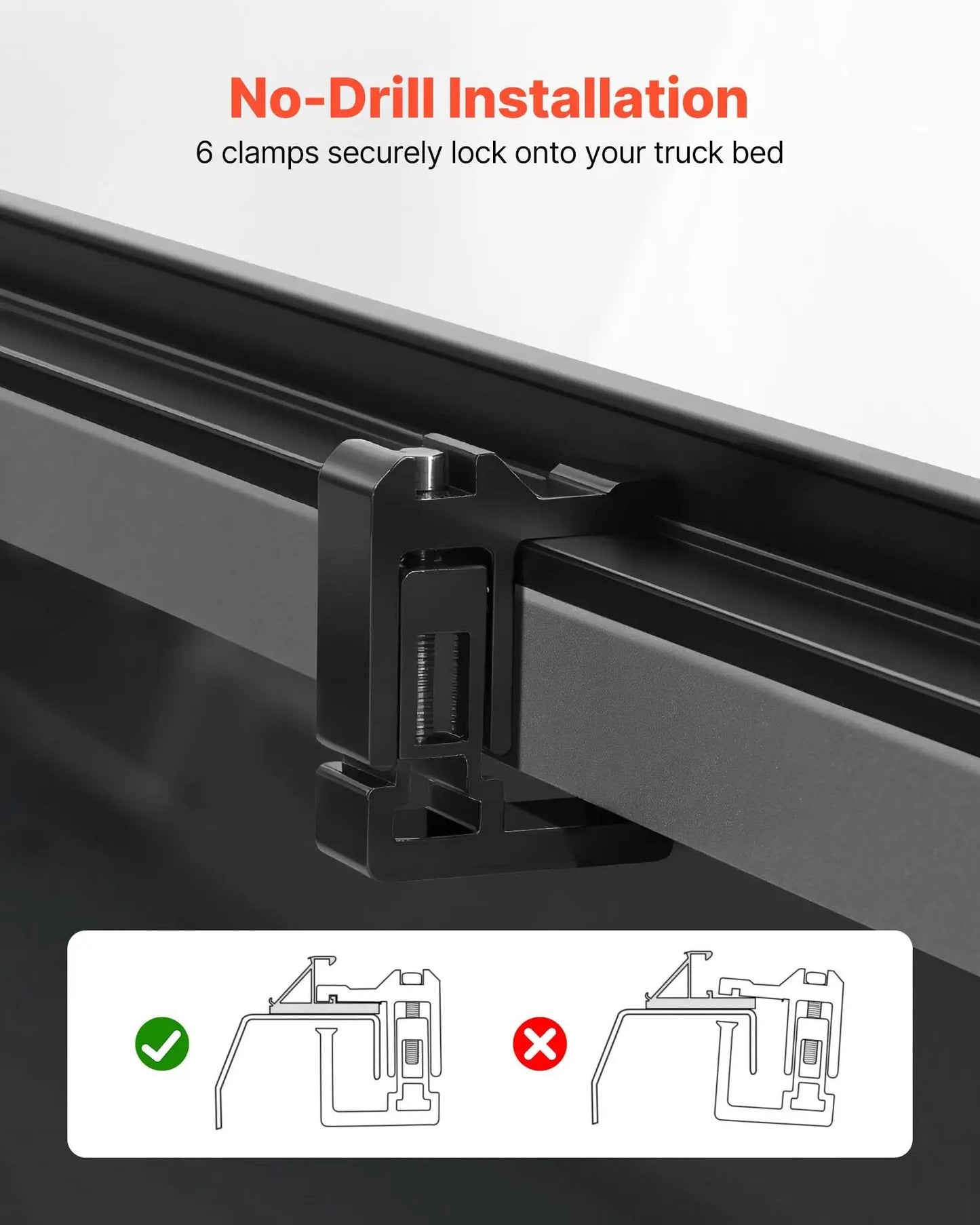Close-up of no-drill clamp for Soft Roll Up Truck Bed Tonneau Cover For 6 Ft 4 In Beds Built To Last Fits 2019 2024 Ram 1500 Classic